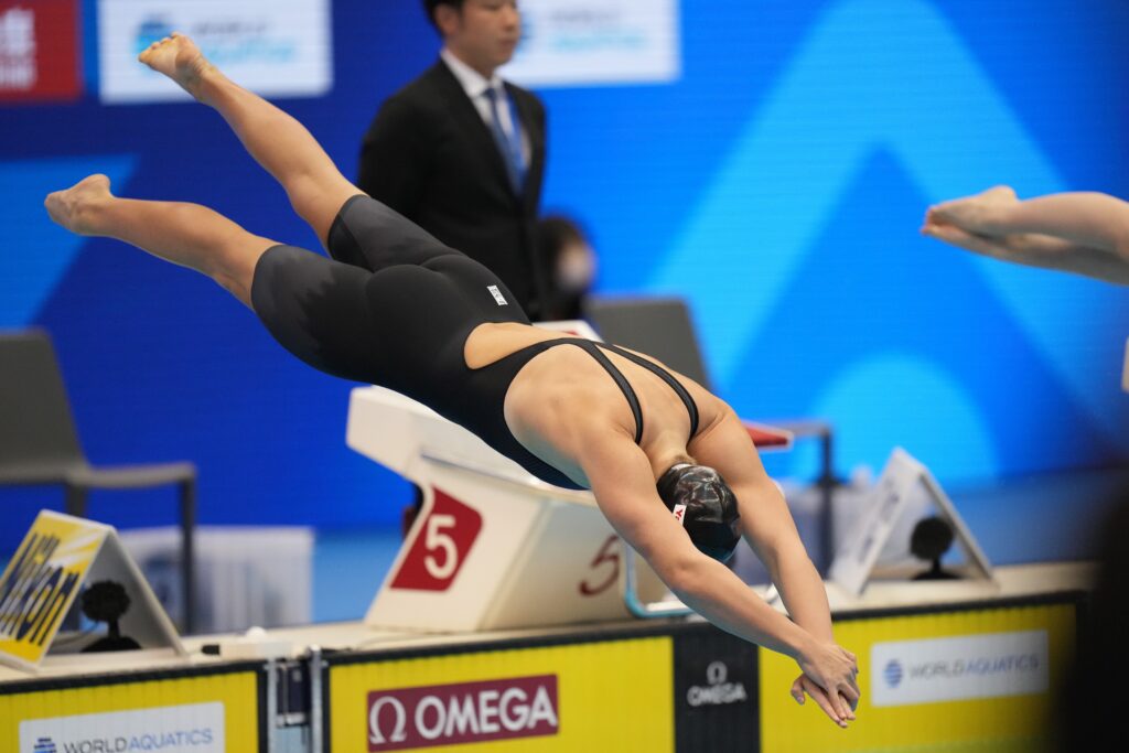 epa10775594 Katie Ledecky of the USA competes during the Women's 800m Freestyle Final of the World Aquatics Championships 2023 in Fukuoka, Japan, 29 July 2023.  EPA-EFE/HIROSHI YAMAMURA