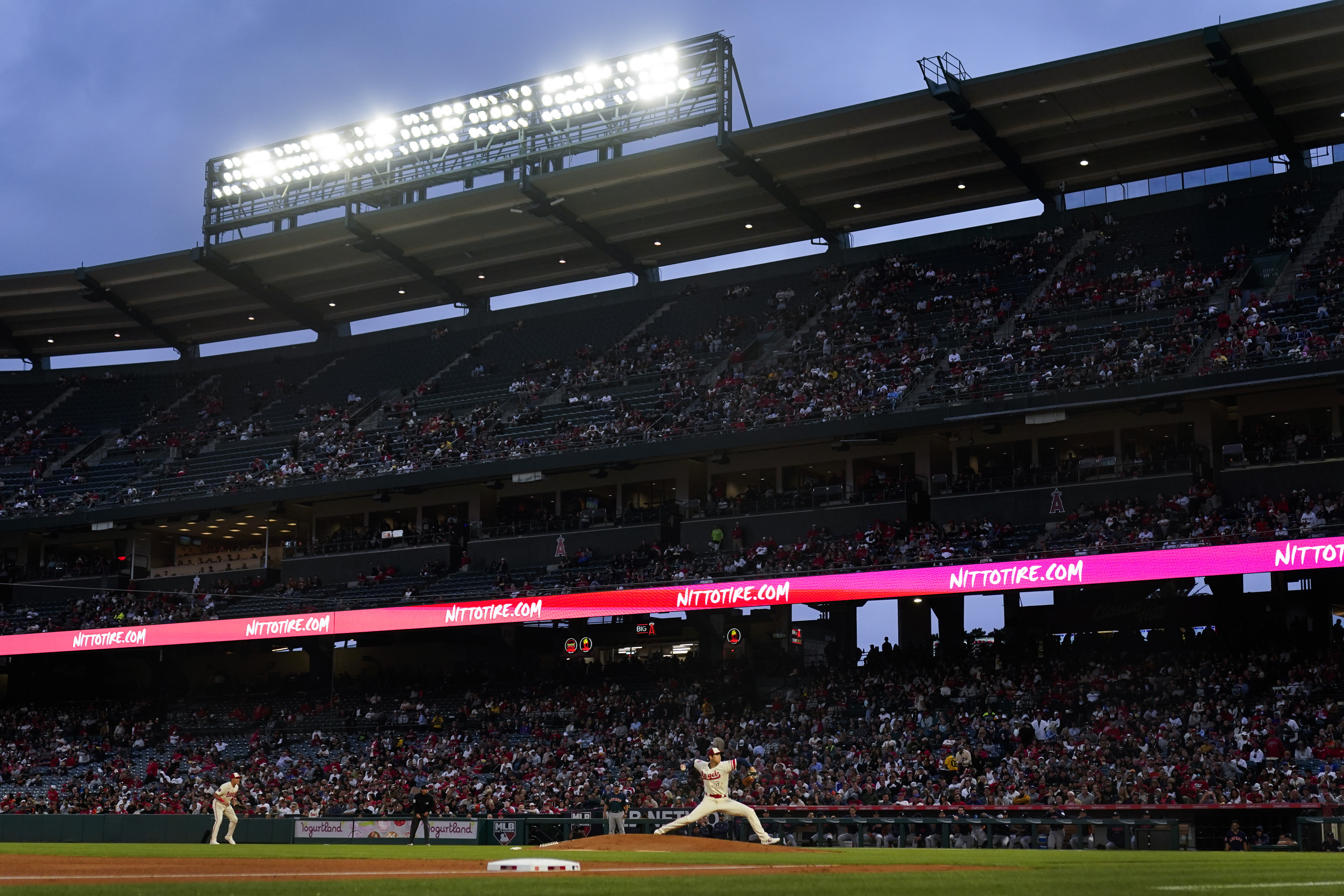 Los Angeles Angels starting pitcher Shohei Ohtani (17) throws during a baseball game against the Houston Astros in Anaheim, Calif., Tuesday, May 9, 2023. (AP Photo/Ashley Landis)