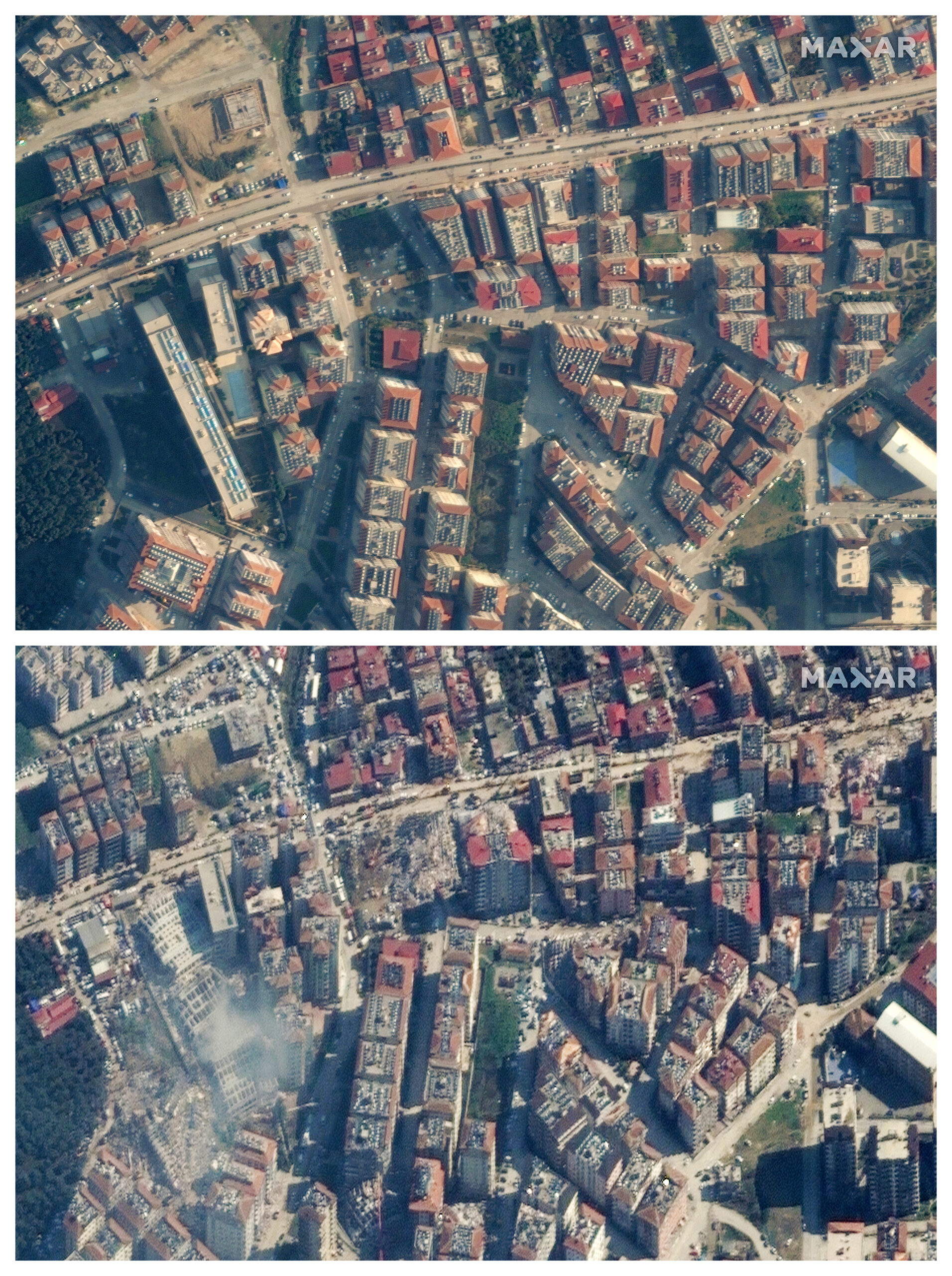 This combination of Dec. 22, 2022 and Feb. 8, 2023 satellite images provided by Maxar Technologies shows buildings in Antakya, Turkey, before and after a powerful earthquake struck the region on Monday, Feb. 6, 2023. (Maxar Technologies via AP)