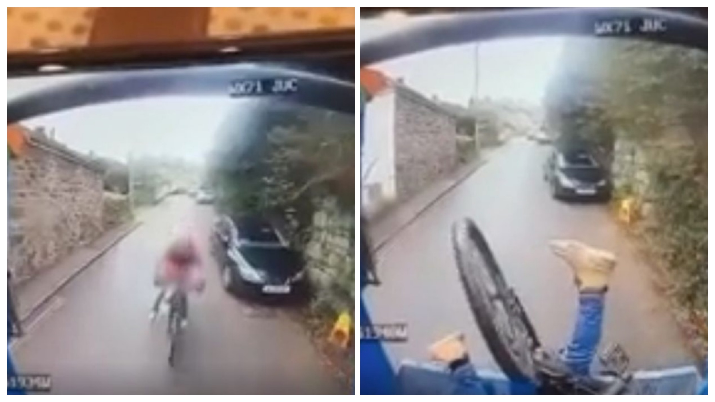Incredible moment stunned cyclist ends up head first inside back of bin lorry