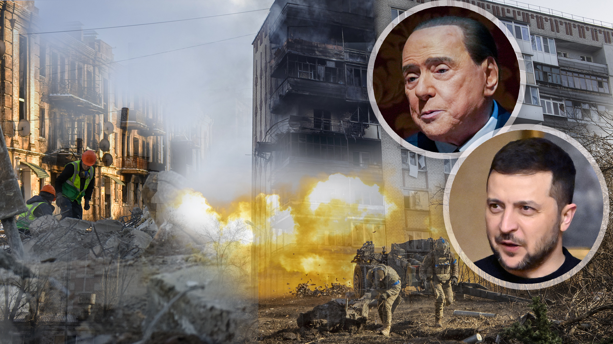 UKRAINE war, Damaged buildings , krainian soldiers fire anti-tank missile system,Ukraine President Volodymyr Zelensky  Silvio Berlusconi