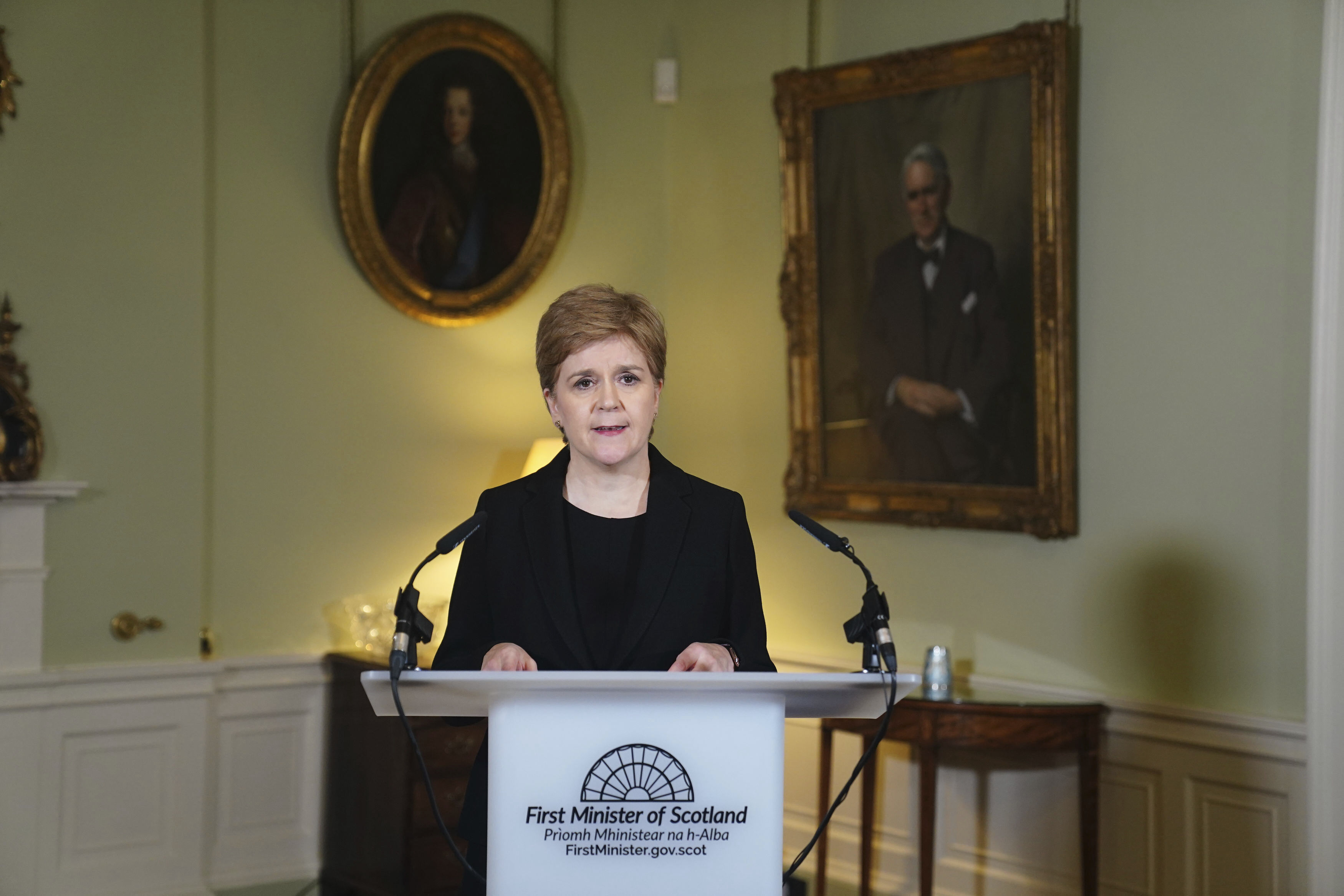 Scotland's First Minister Nicola Sturgeon reads a statement at Bute House, Edinburgh, Thursday Sept. 8, 2022, following the announcement of the death of Queen Elizabeth II. (Jane Barlow/PA via AP)