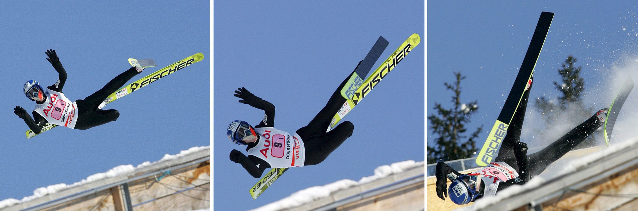 epa000378162 A composite picture of the crash by Czech Republic's Antonin Hajek on the ski jump during a trial of the Large Hill Team competition of the Nordic Skiing World Championships in Oberstdorf, Saturday 26 February 2005.  EPA/HORST NILGEN