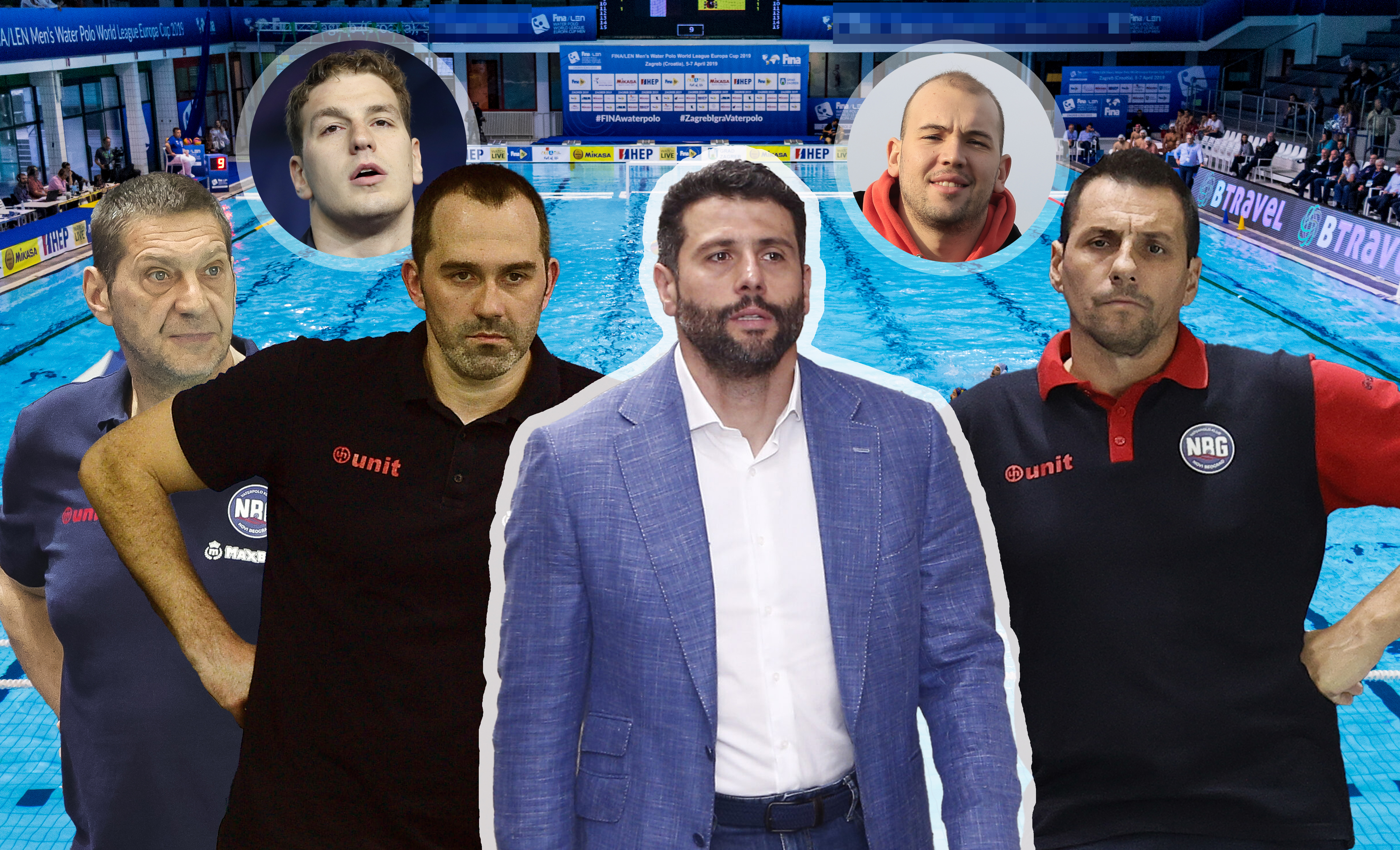 kombo Aleksandar Šapić u sredini (neka laganija varijanta sa oblačanjem), a oko njega vaterpolisti Dušan Mandić, Nikola Jakšić, treneri Igor Milanović, Vladimir Vujasinović i Živko Gocić.