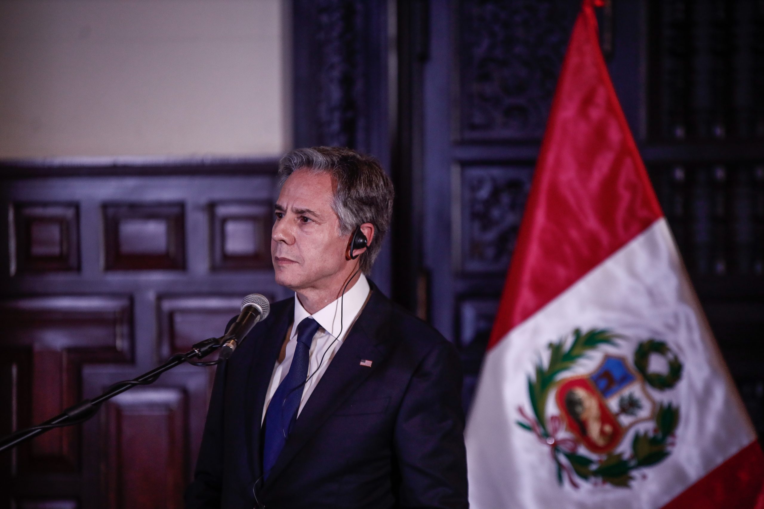 epa10228360 US Secretary of State Antony Blinken speaks during a press conference, during the 52nd OAS General Assembly, in Lima, Peru, 06 October 2022.  EPA-EFE/Aldair Mejia