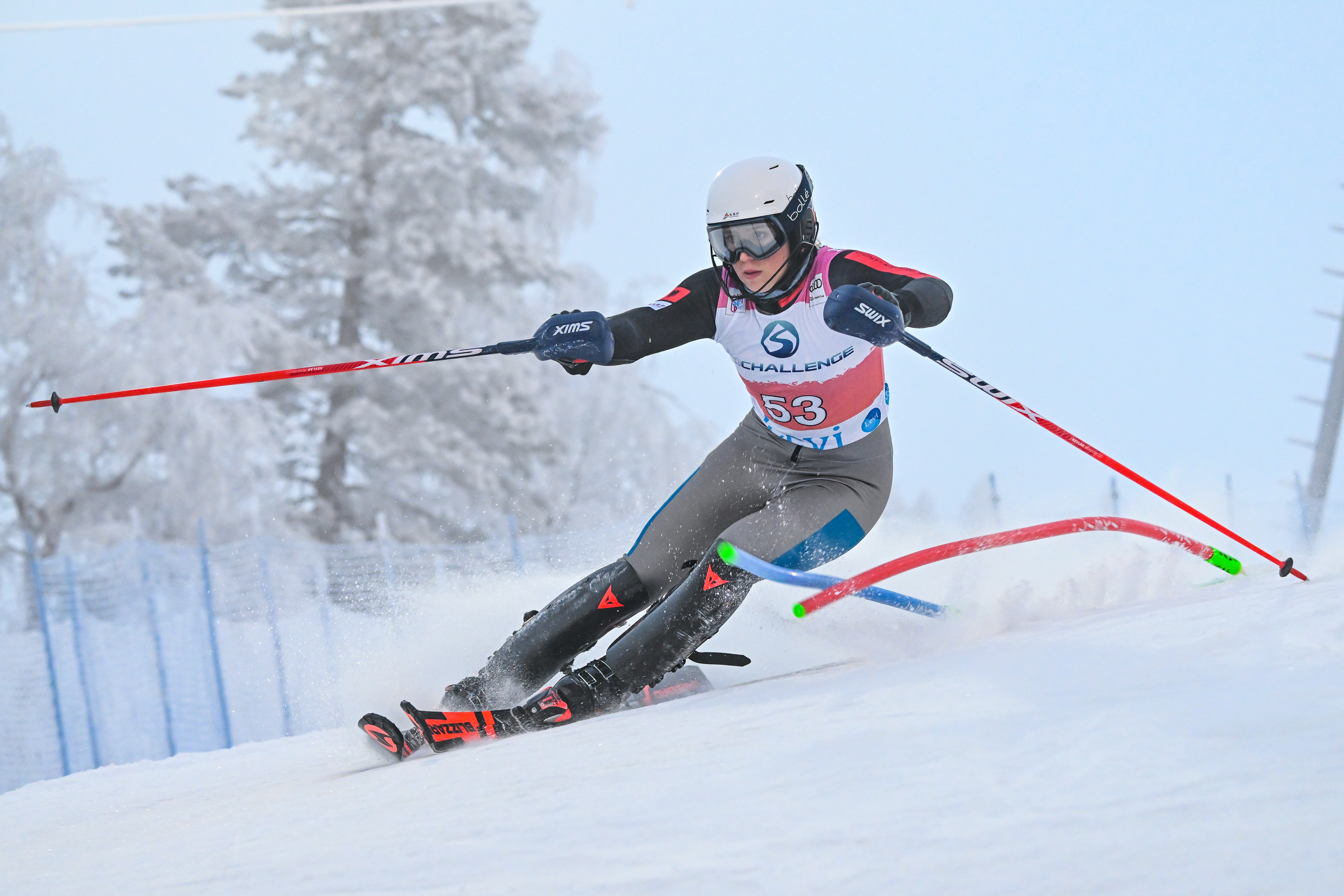 epa10314057 Lara Colturi of Albania in action during the first run of the Women's Slalom race at the FIS Alpine Skiing World Cup in Levi, Finland, 19 November 2022.  EPA-EFE/KIMMO BRANDT