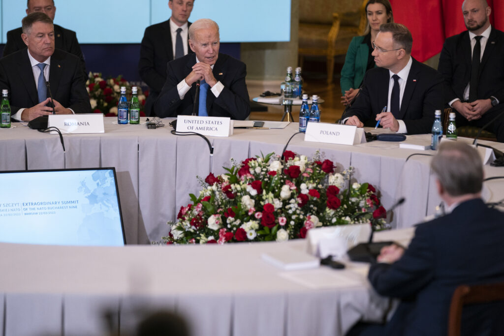 President Joe Biden speaks during a meeting with the leaders of the Bucharest Nine, a group of nine countries that make up the eastern flank of NATO, Wednesday, Feb. 22, 2023, in Warsaw. (AP Photo/ Evan Vucci)