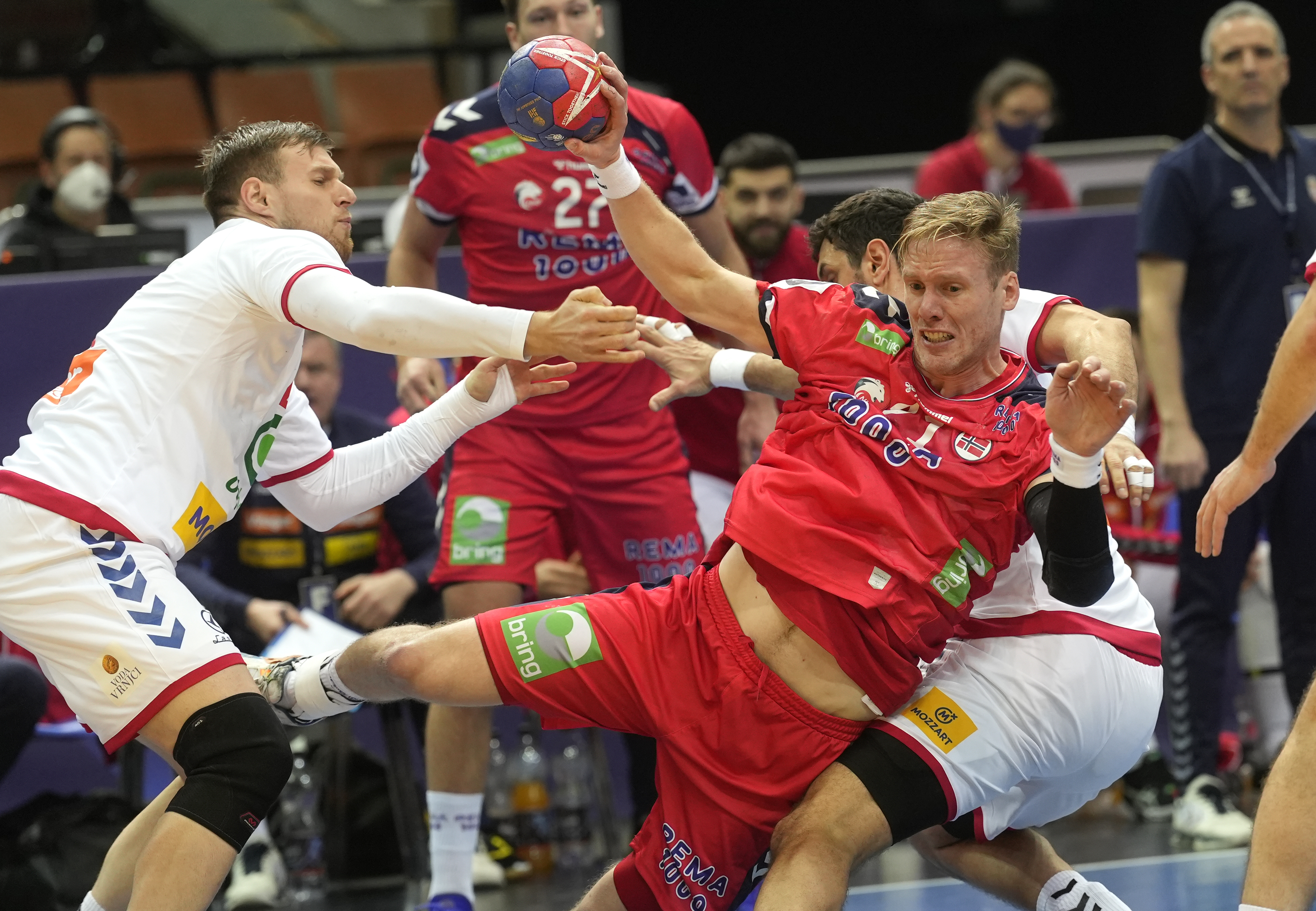 Norway's Magnus Gullerud makes a shot during the Main Round Group III, Handball World Championship match between Norway and Serbia in Katowice, Poland, Thursday, Jan. 19, 2023. (AP Photo/Piotr Hawalej)