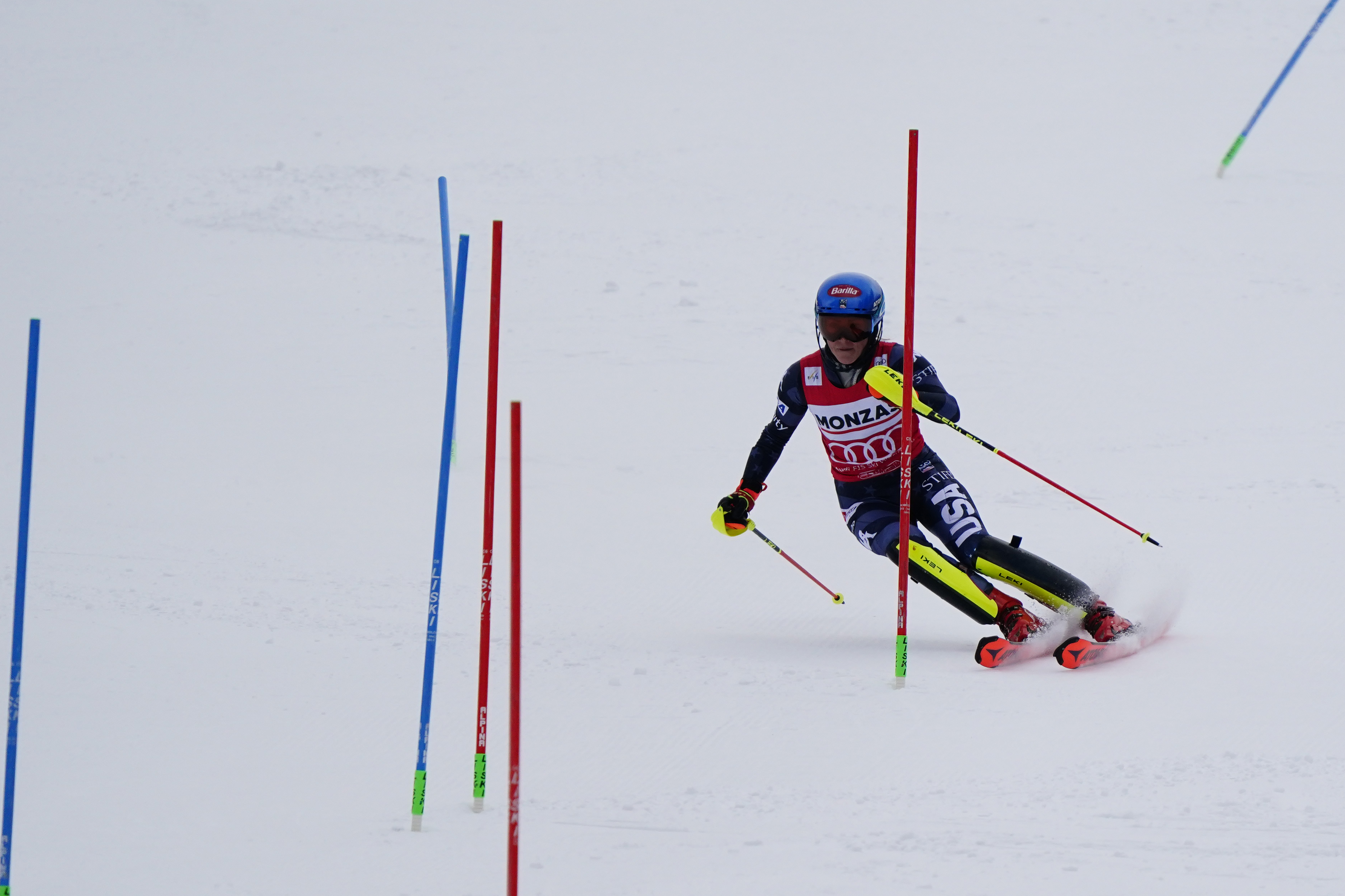 United States' Mikaela Shiffrin dances among poles on her way to win an alpine ski, women's World Cup slalom, in Spindleruv Mlyn, Czech Republic, Saturday, Jan. 28, 2023. (AP Photo/Piermarco Tacca)