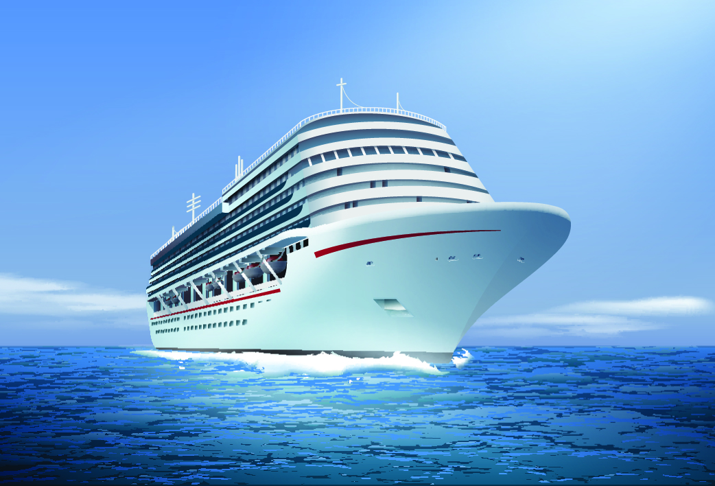 Vector realistic illustration of big white cruise ship at ocean or sea isolated on blue sky background, perspective view