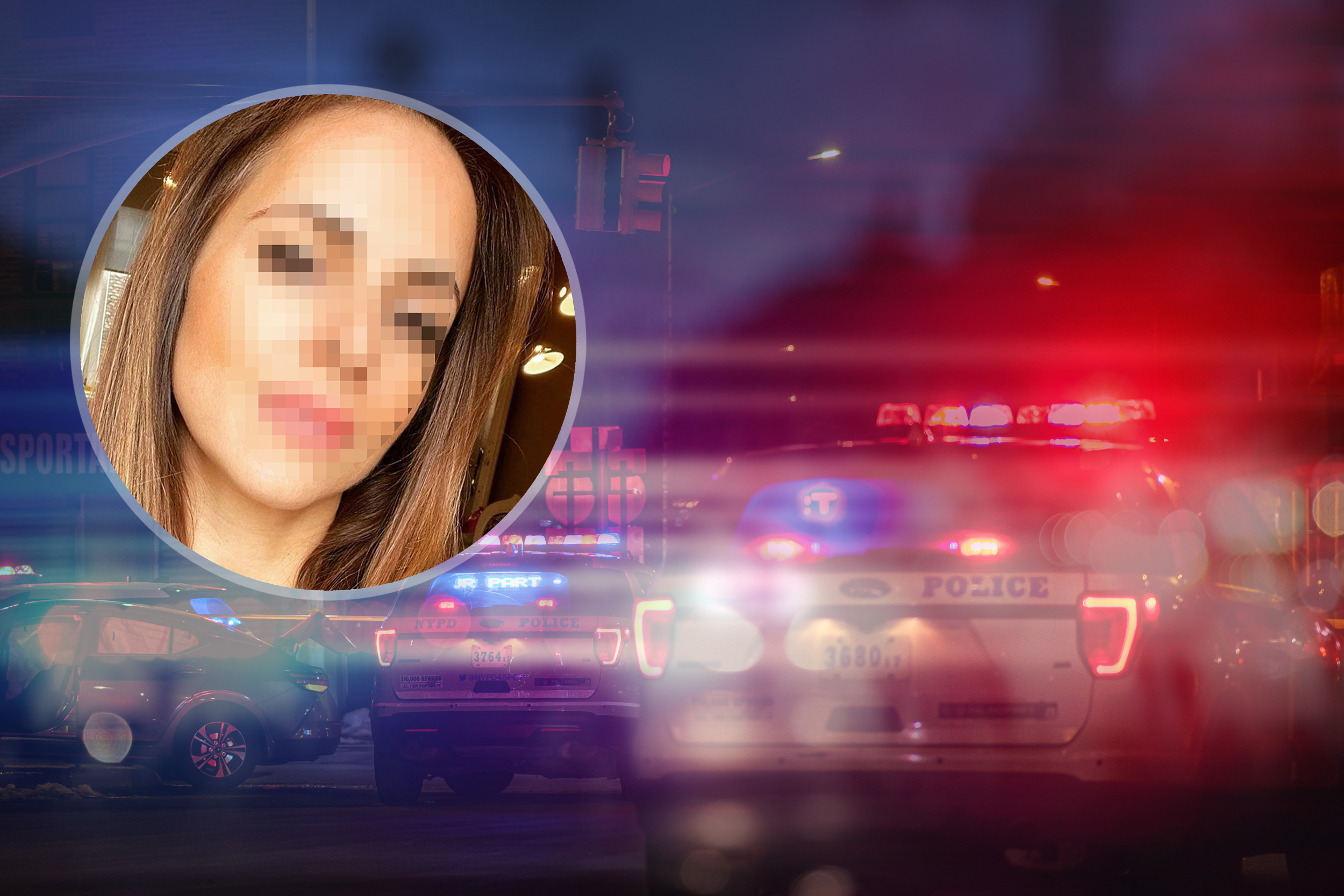 Blurred view of police cars on street at night