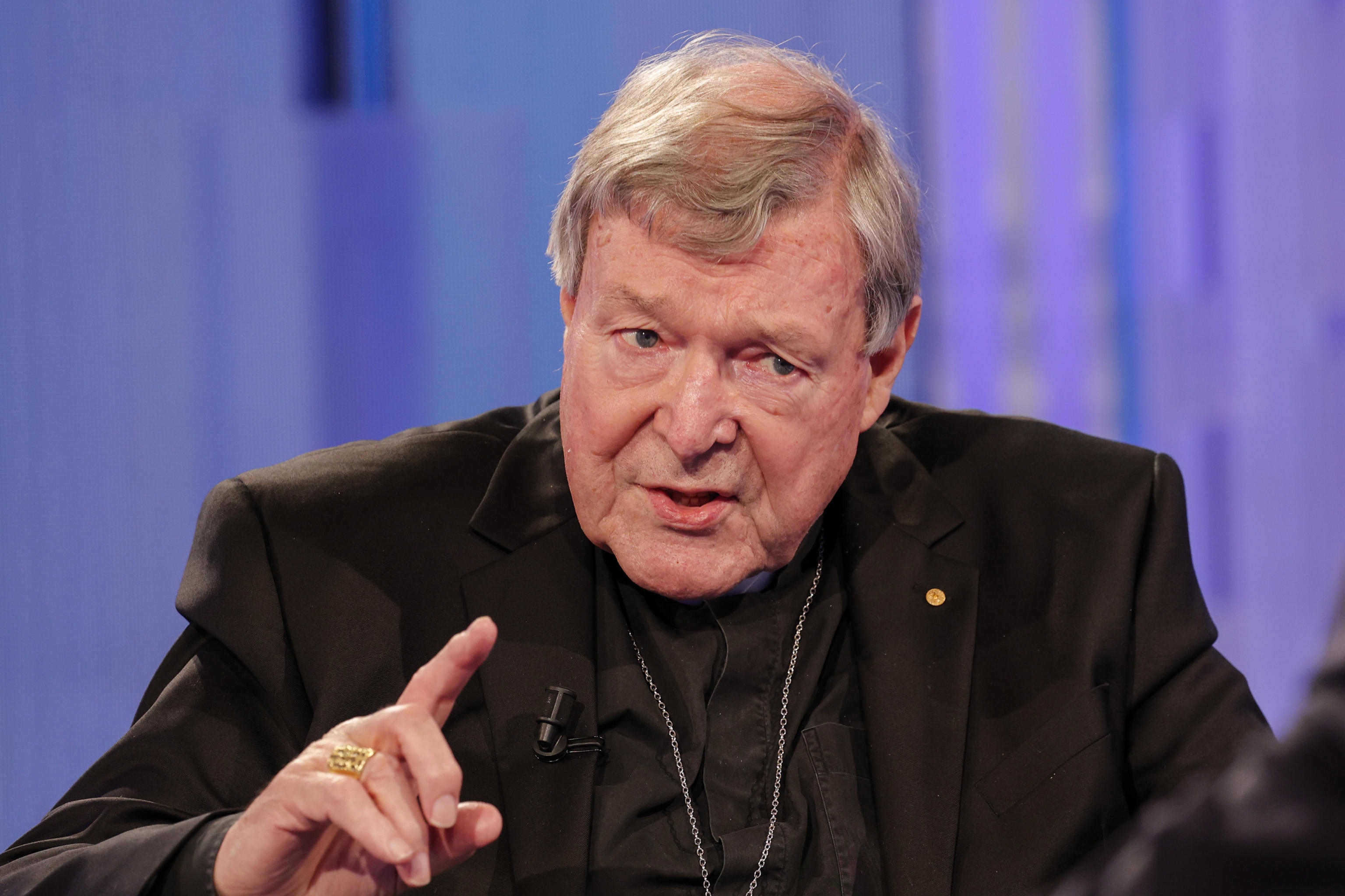 epa09564735 Australian Cardinal George Pell attends the Italian Raiuno TV program 'Porta a Porta' hosted by Italian journalist Bruno Vespa, in Rome, Italy, 04 November 2021.  EPA-EFE/GIUSEPPE LAMI