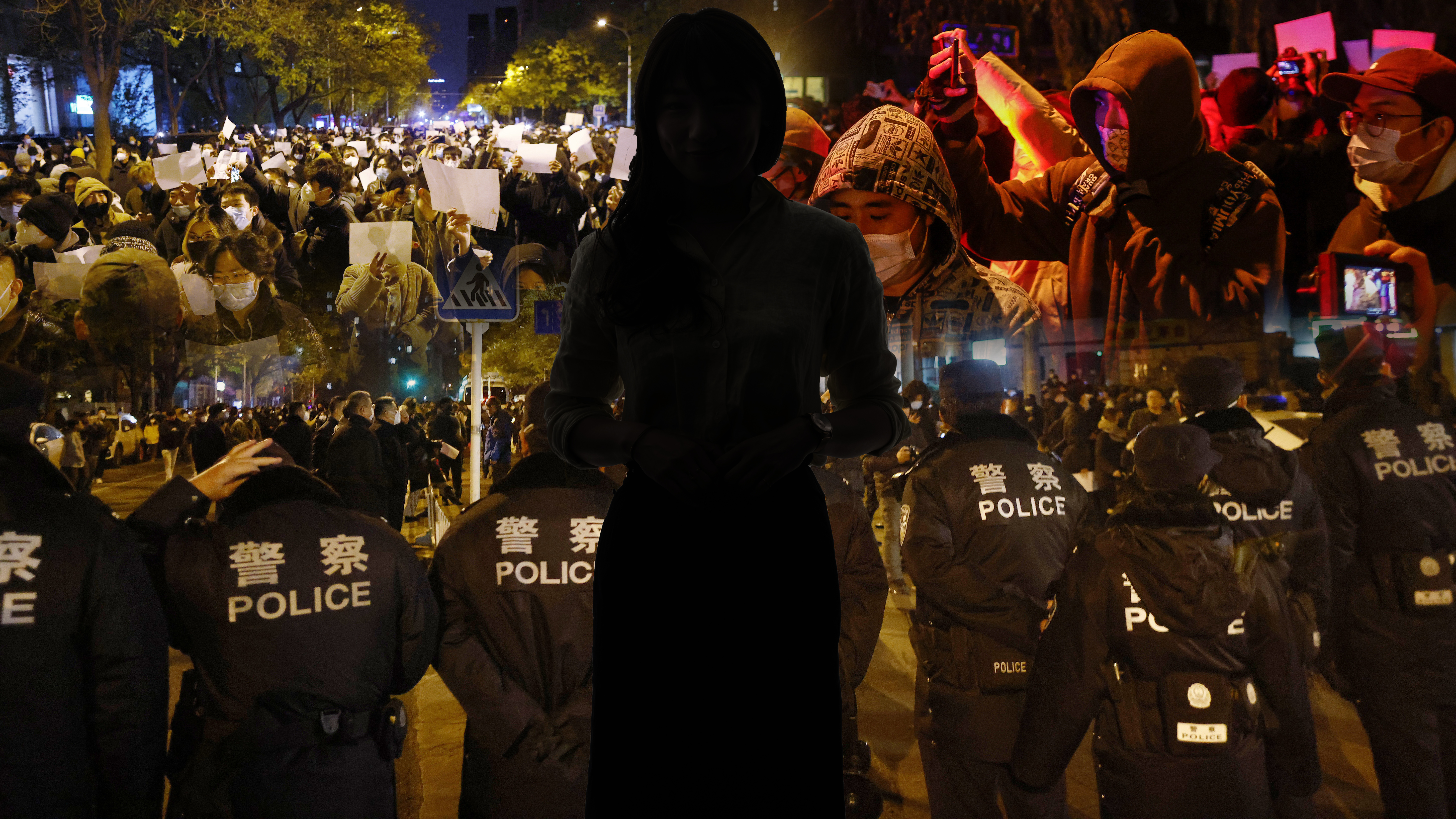 Kina, kovid, korona, protest, policija, ženska silueta, kombo Foto: EPA-EFE/MARK R. CRISTINO/Shutterstock