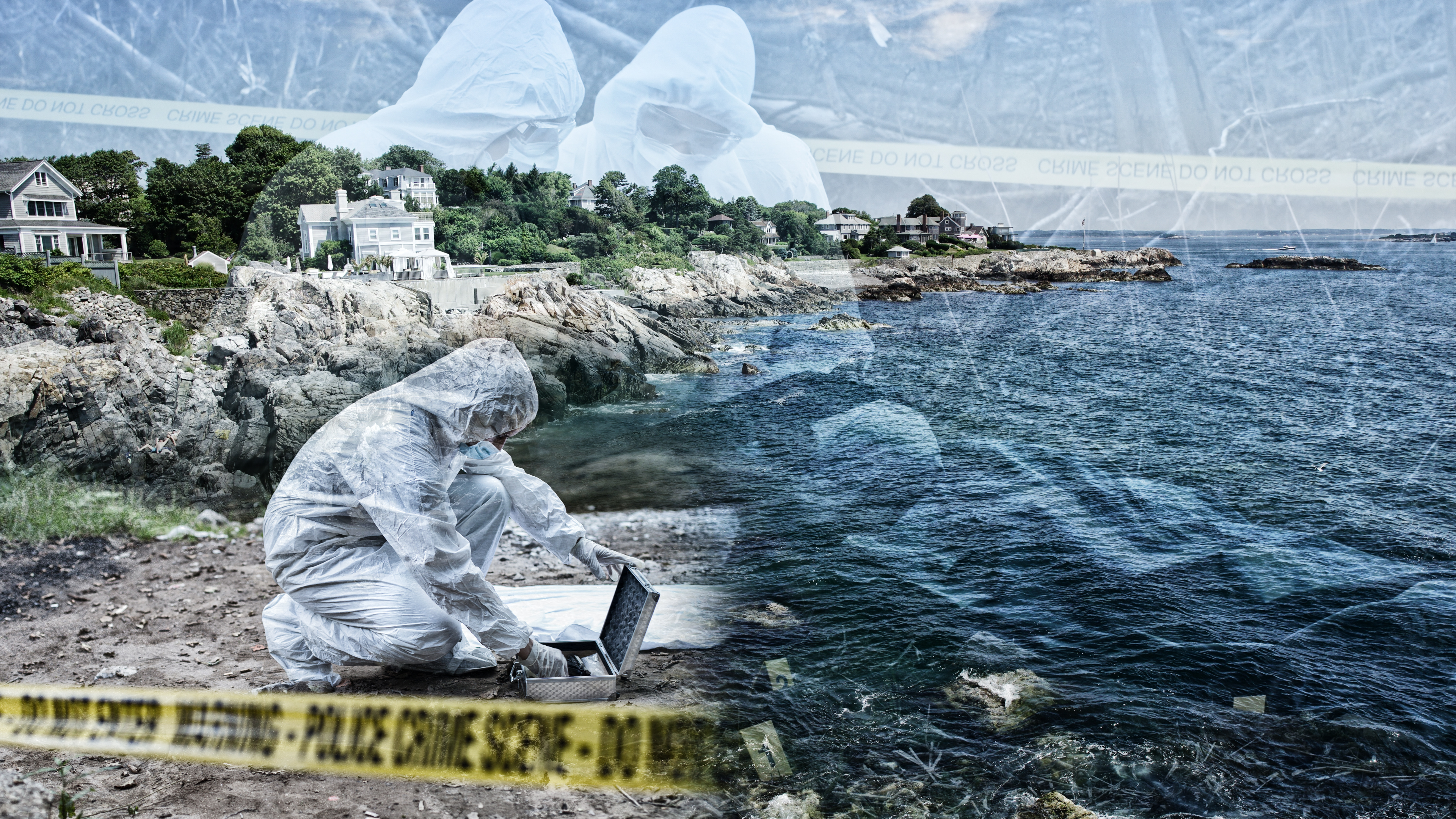 Marblehead Beach pronadjeno telo Detectives are collecting evidence in a crime scene. Forensic specialists are making expertise. Police investigation in a forest.