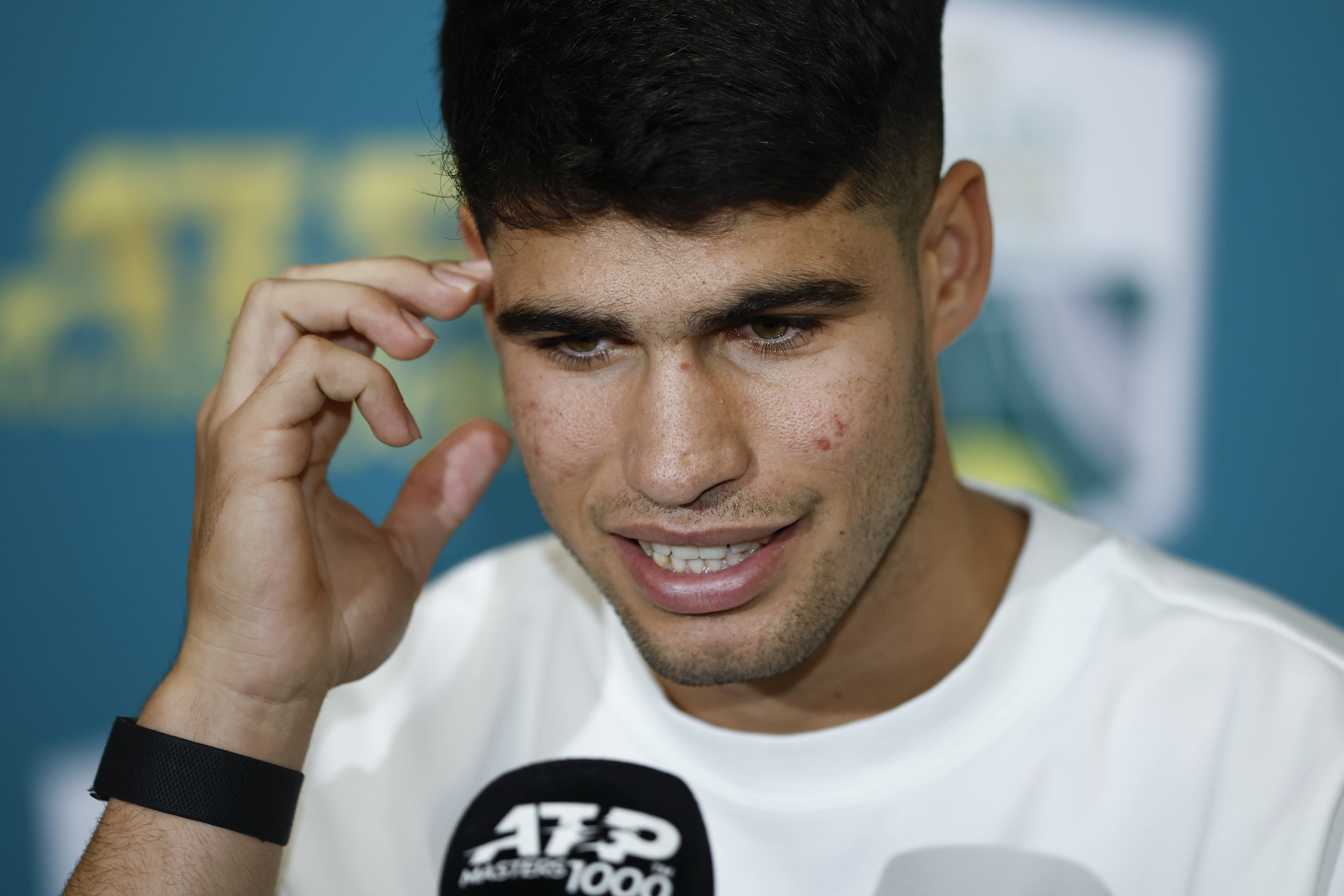 epa10949211 Carlos Alcaraz of Spain holds a press conference at the Rolex Paris Masters tennis tournament in Paris, France, 30 October 2023.  EPA-EFE/YOAN VALAT