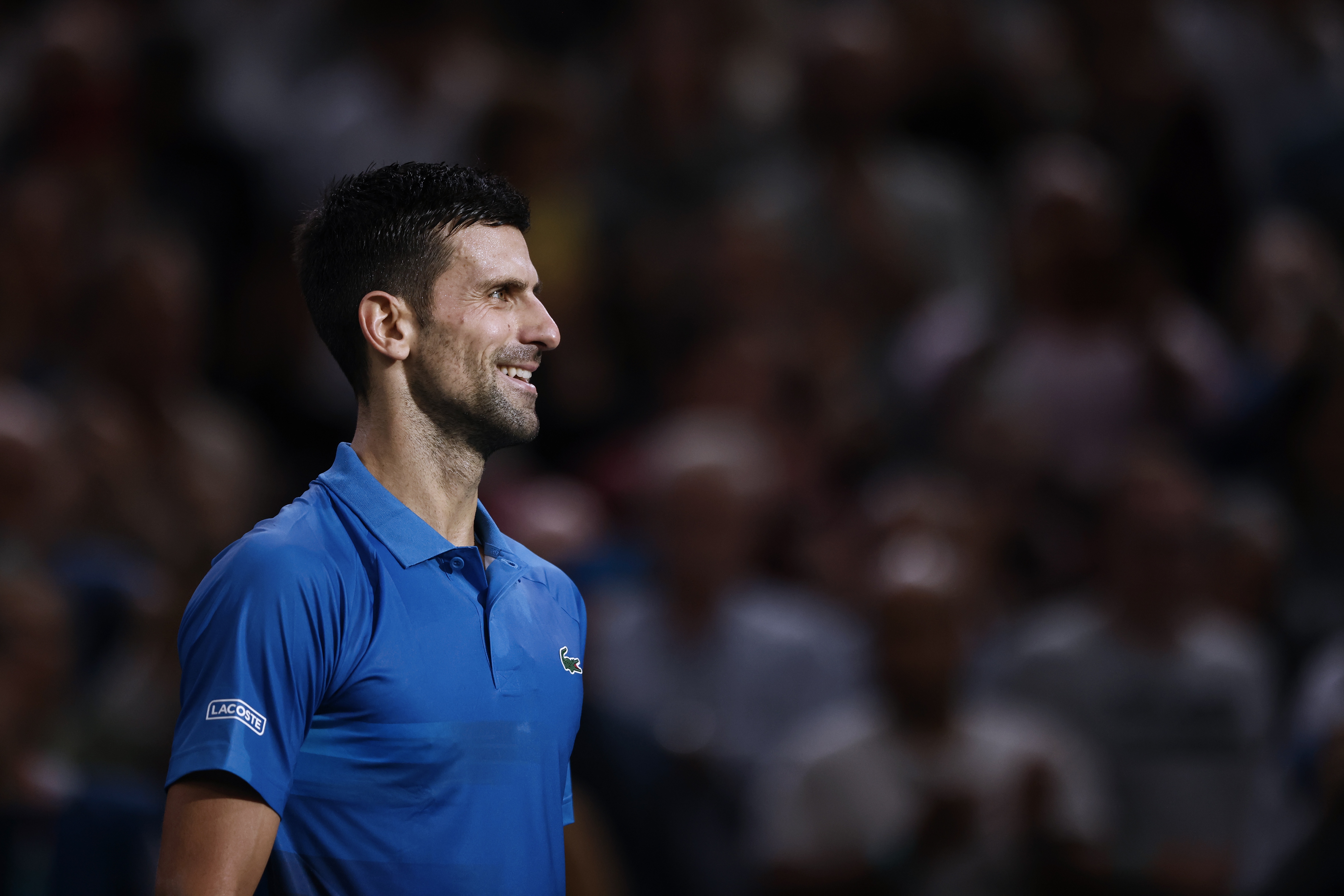 epa10288472 Novak Djokovic of Serbia celebrates winning his semifinal match against Stefanos Tsitsipas of Greece at the Rolex Paris Masters tennis tournament in Paris, France, 05 November 2022.  EPA-EFE/YOAN VALAT