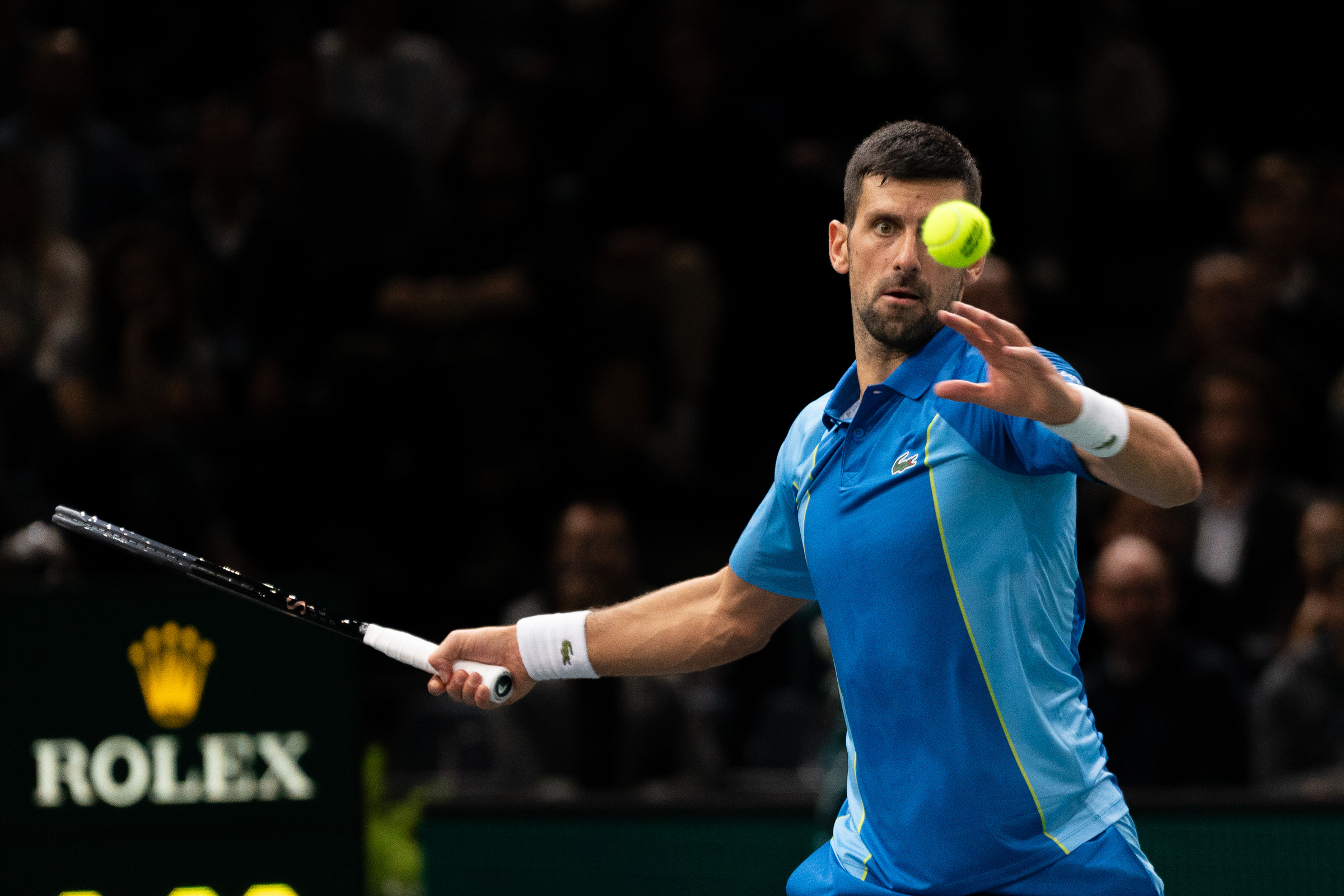 PARIS, FRANCE - NOVEMBER 03: Novak Djoković of Serbia during the quarterfinal match against Holger Rune of Denmark on day five of the Rolex Paris Masters at Accor Arena in Bercy on November 03 in Paris, France (Photo by Andrija Sokovic/Starsport)