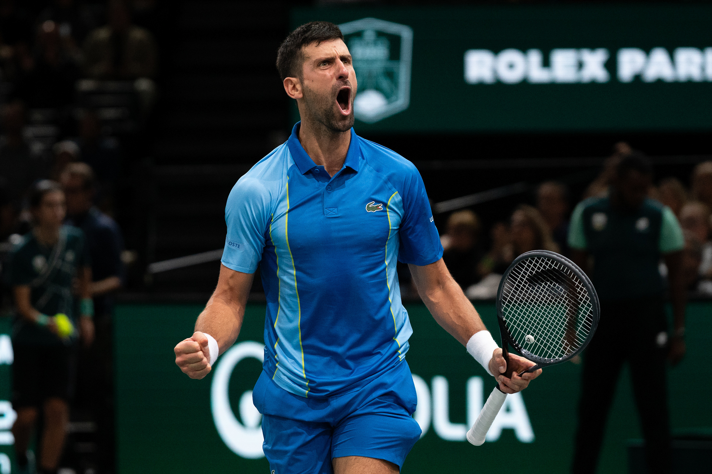 PARIS, FRANCE - NOVEMBER 03: Novak Djoković of Serbia during the quarterfinal match against Holger Rune of Denmark on day five of the Rolex Paris Masters at Accor Arena in Bercy on November 03 in Paris, France (Photo by Andrija Sokovic/Starsport)