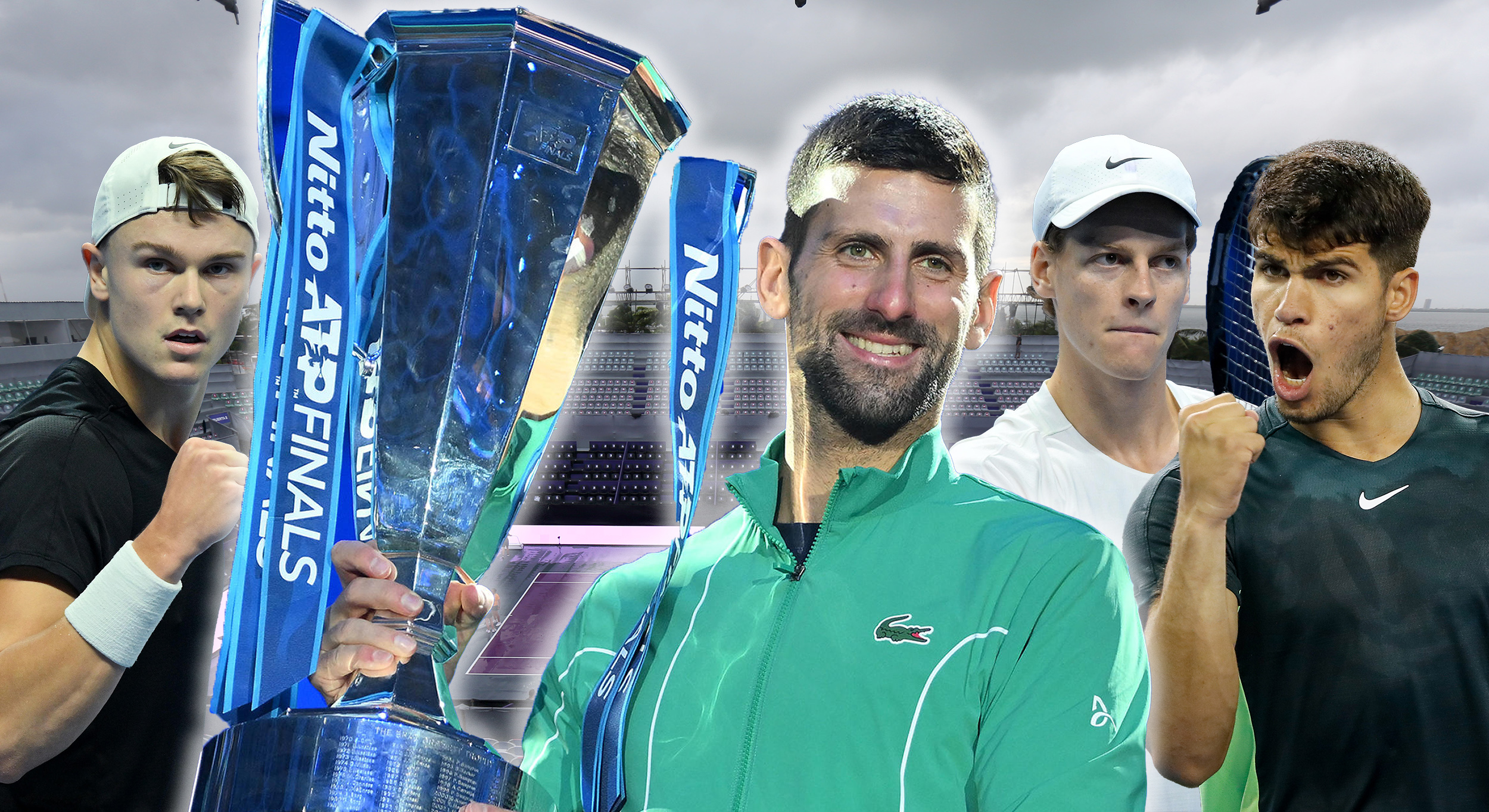 Novak Đoković u središtu i drži neki od pehara u krupnom kadru, dok iz tog pehara izviru trojica likova - Holger Rune, Janik Siner i Karlos Alkaraz.  kombo