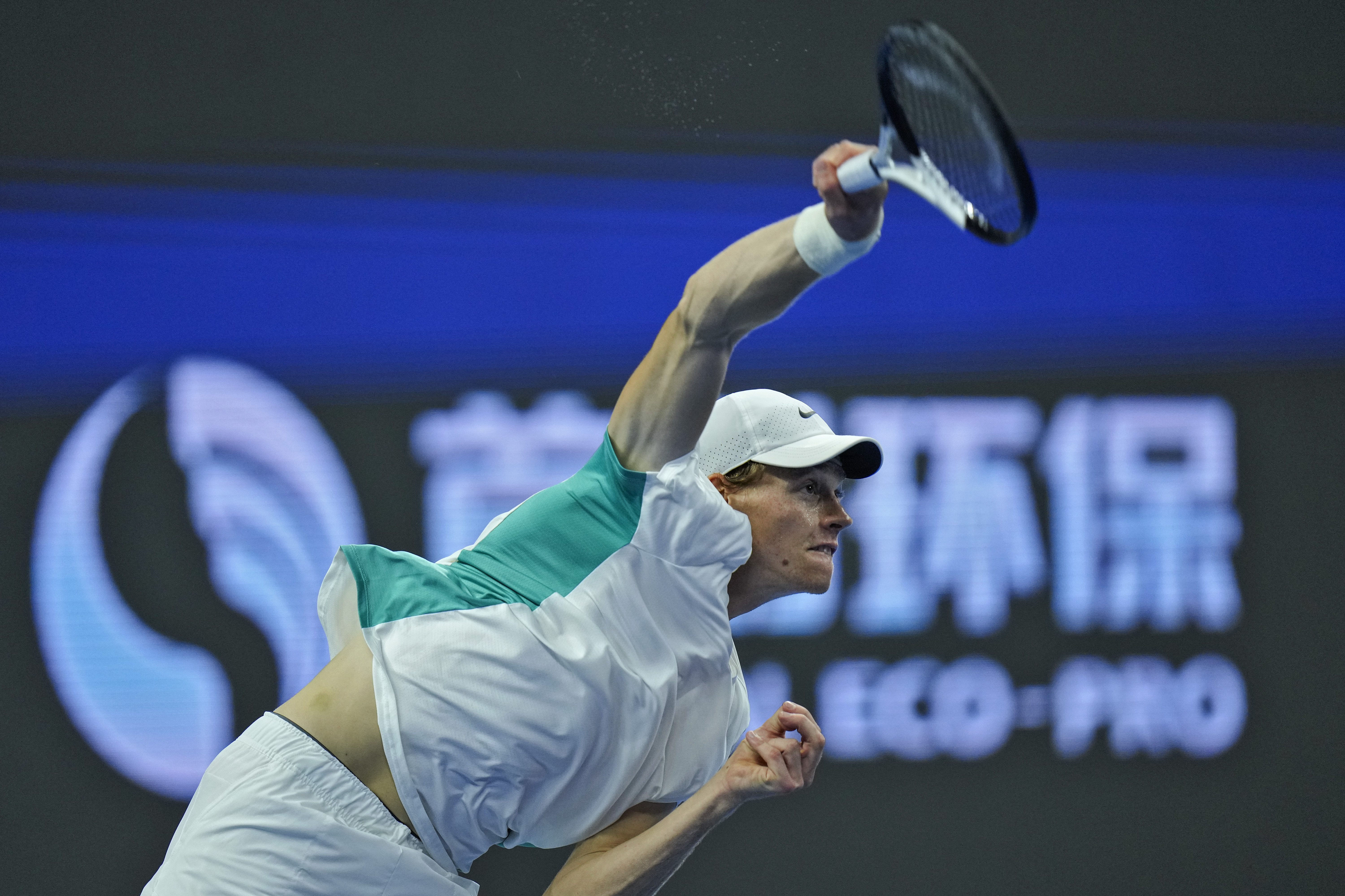 Jannik Sinner of Italy serves against Carlos Alcaraz of Spain during the men's singles semifinal match in the China Open tennis tournament at the Diamond Court in Beijing, Tuesday, Oct. 3, 2023. (AP Photo/Andy Wong)