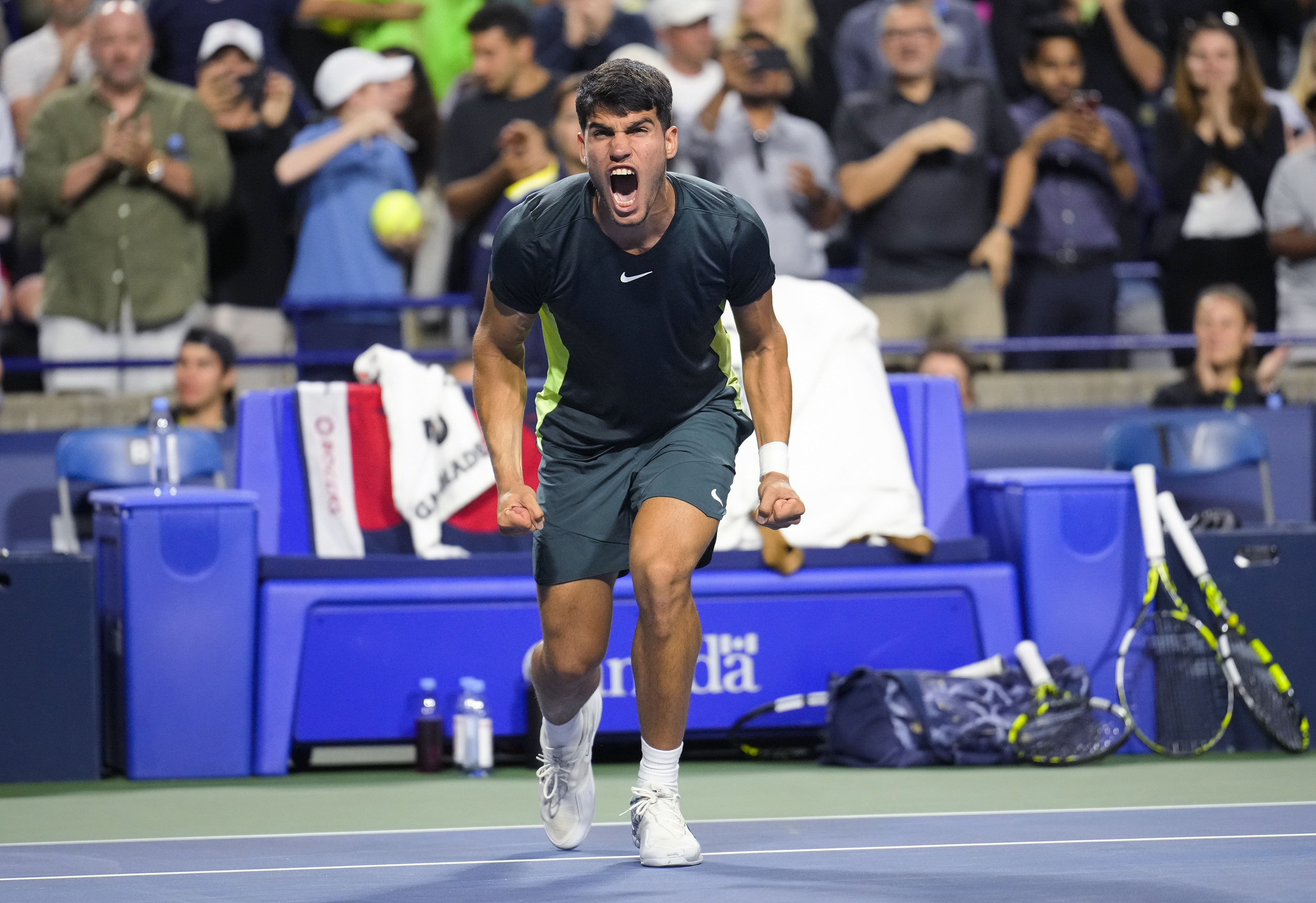 Spain's Carlos Alcaraz celebrates his win over Poland's Hubert Hurkacz during the National Bank Open men’s tennis tournament Thursday, Aug. 10, 2023, in Toronto. (Mark Blinch/The Canadian Press via AP)