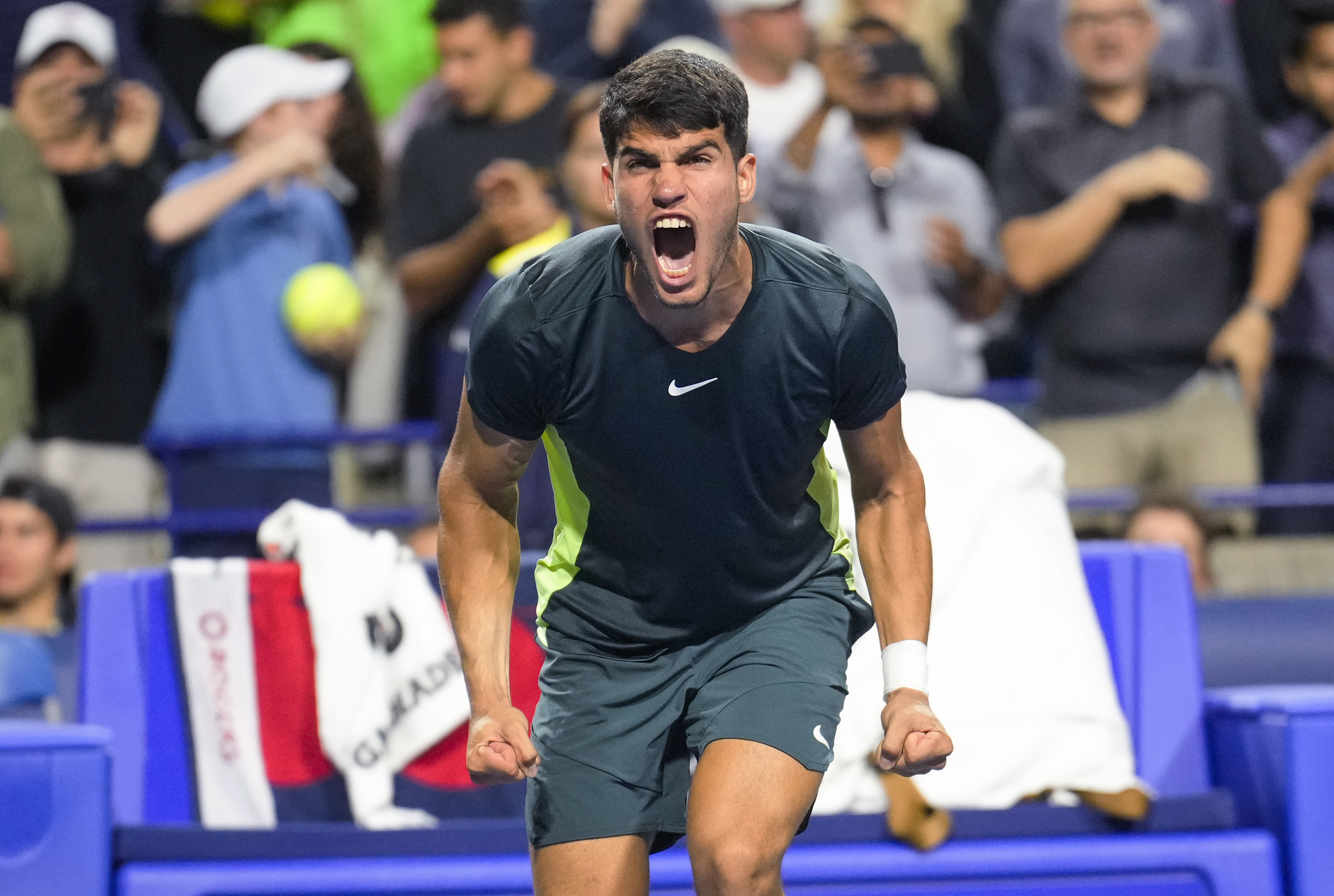 Spain's Carlos Alcaraz celebrates his win over Poland's Hubert Hurkacz during the National Bank Open men's tennis tournament Thursday, Aug. 10, 2023, in Toronto. (Mark Blinch/The Canadian Press via AP)