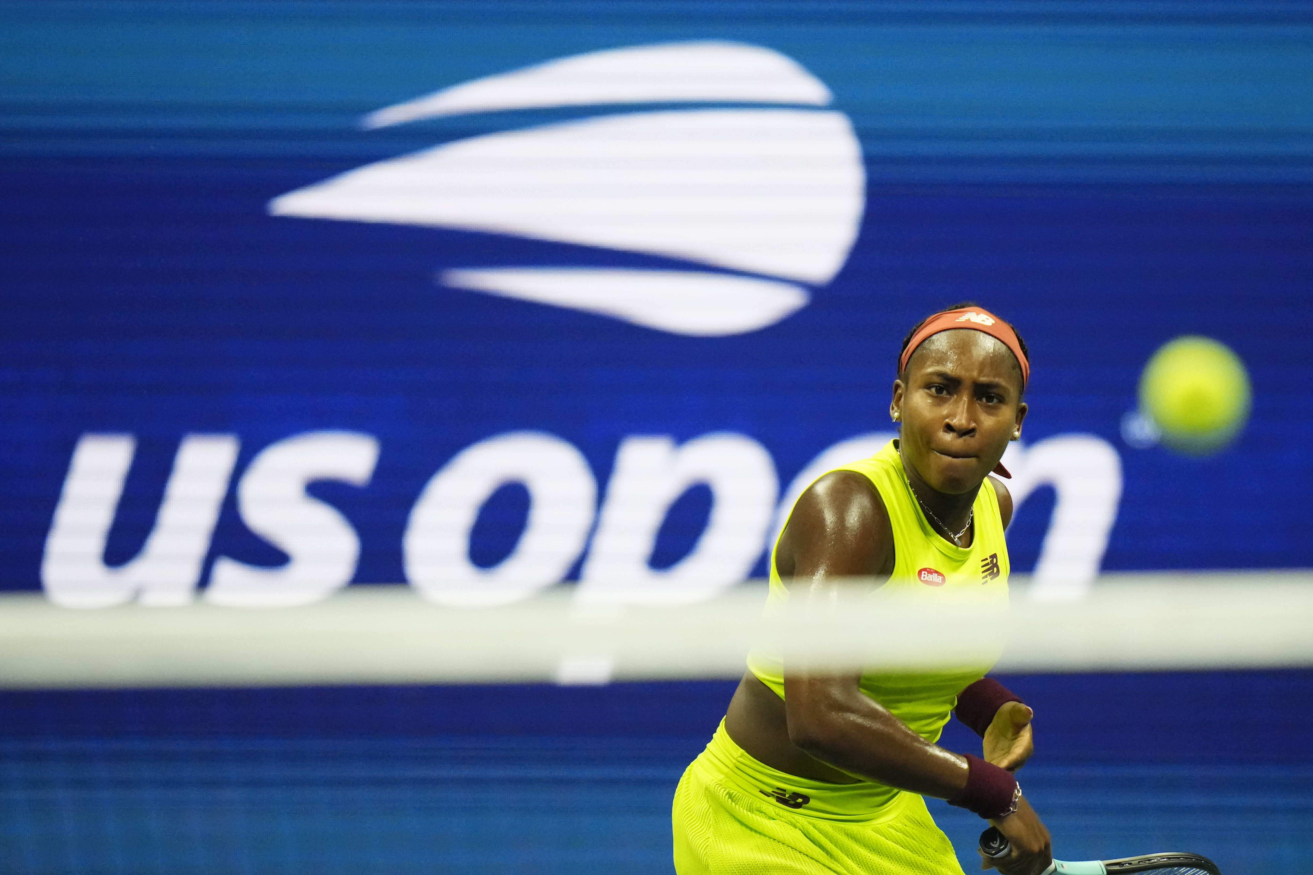 Coco Gauff, of the United States, returns a shot to Laura Siegemund, of Germany, during the first round of the U.S. Open tennis championships, Monday, Aug. 28, 2023, in New York. (AP Photo/Frank Franklin II)