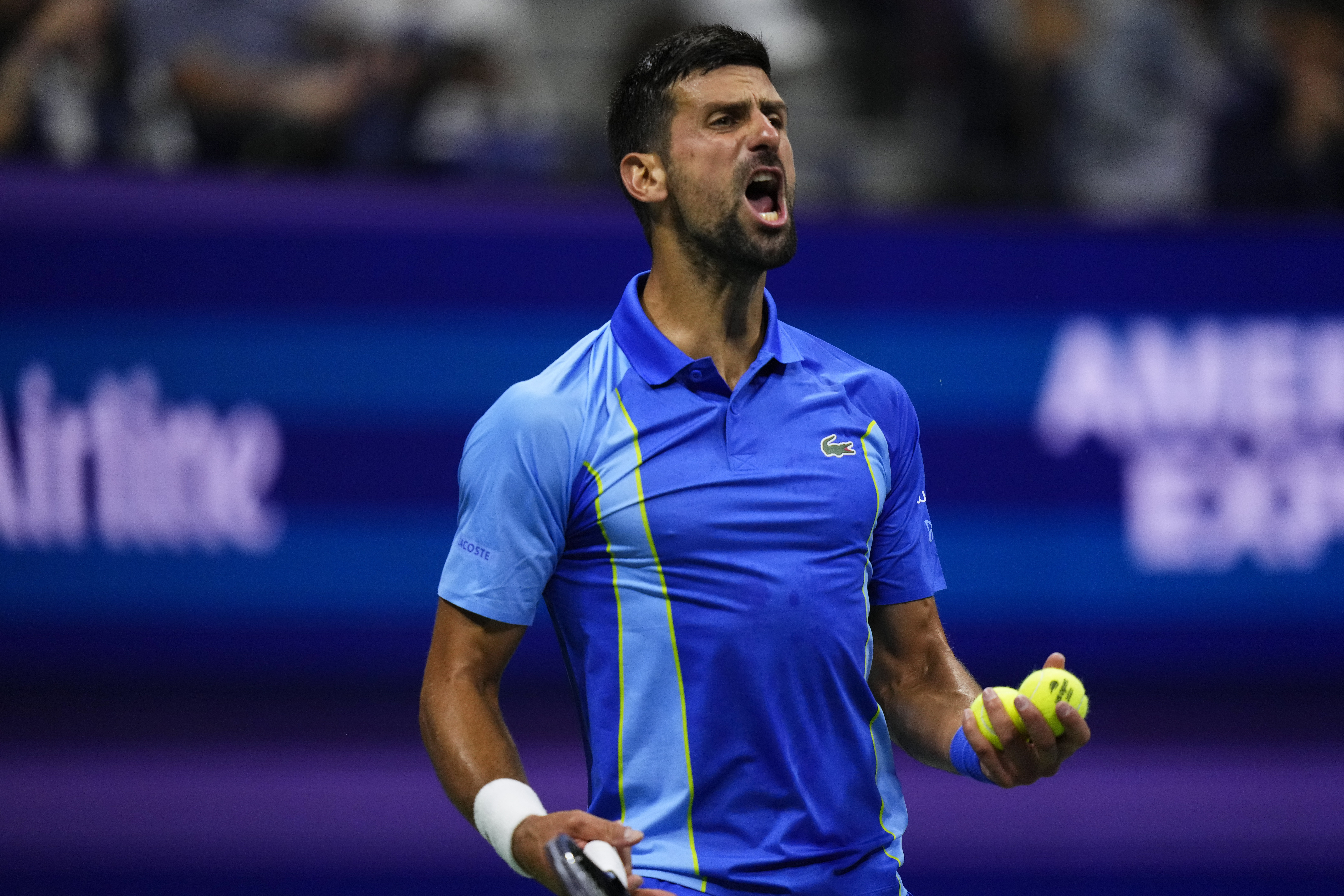 Novak Djokovic, of Serbia, reacts during a match against Laslo Djere, of Serbia, during the third round of the U.S. Open tennis championships, Saturday, Sept. 2, 2023, in New York. (AP Photo/Frank Franklin II)