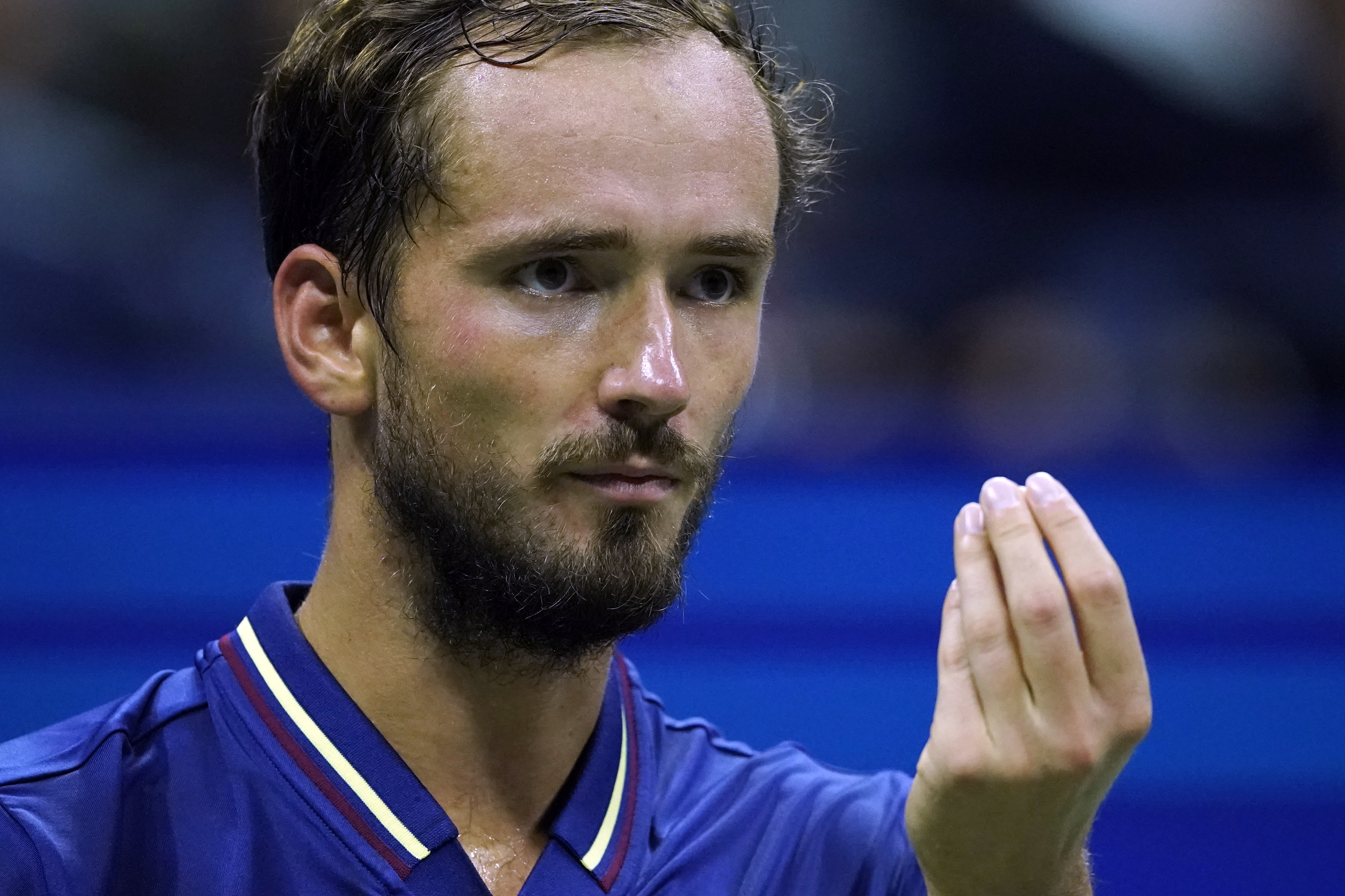 Daniil Medvedev, of Russia, reacts as he plays Sebastian Baez, of Argentina, during the third round of the U.S. Open tennis championships, Sunday, Sept. 3, 2023, in New York. (AP Photo/Eduardo Munoz Alvarez)