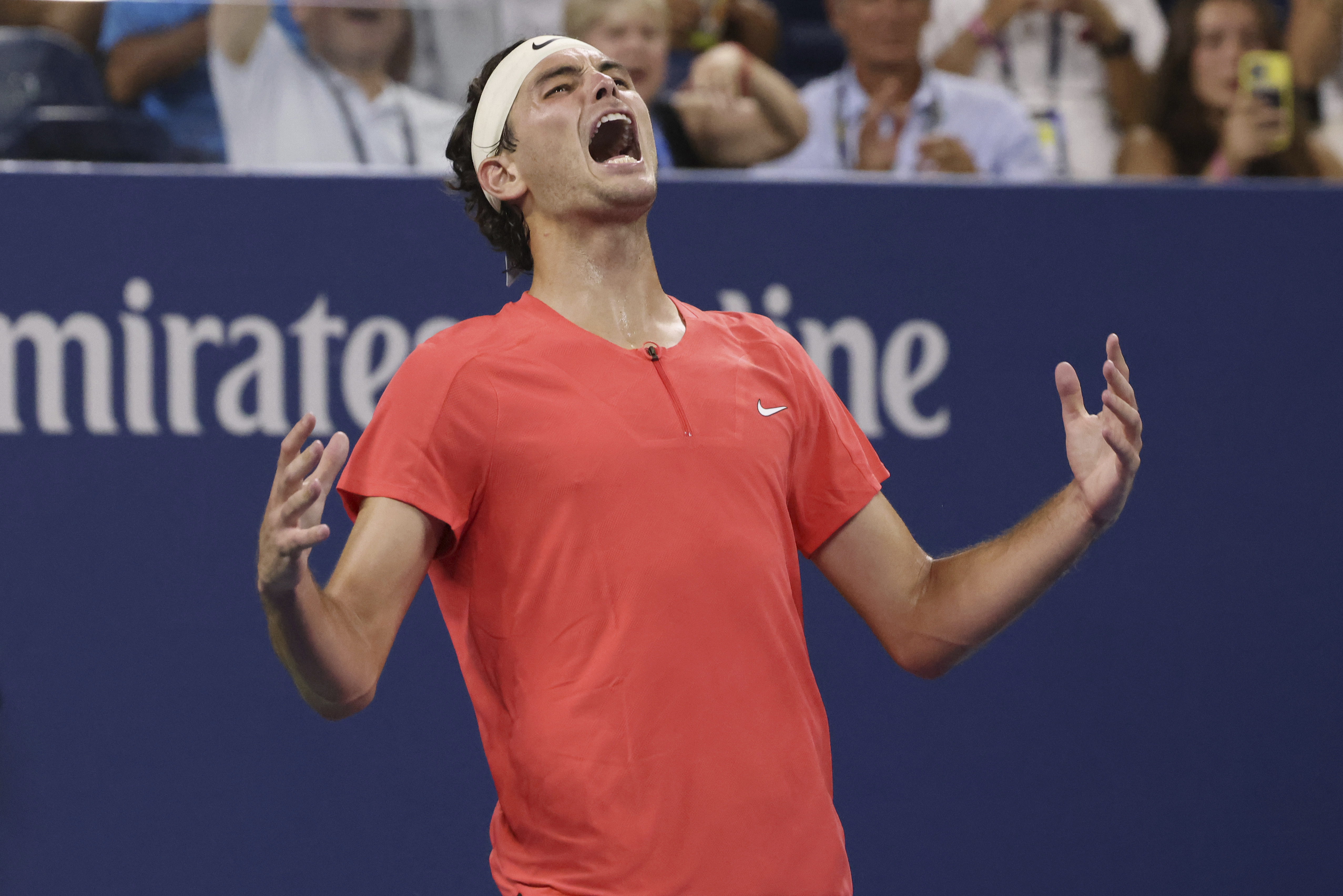 Taylor Fritz, of the United States, celebrates after defeating Dominic Stricker, of Switzerland, during the fourth round of the U.S. Open tennis championships, Sunday, Sept. 3, 2023, in New York. (AP Photo/Jason DeCrow)