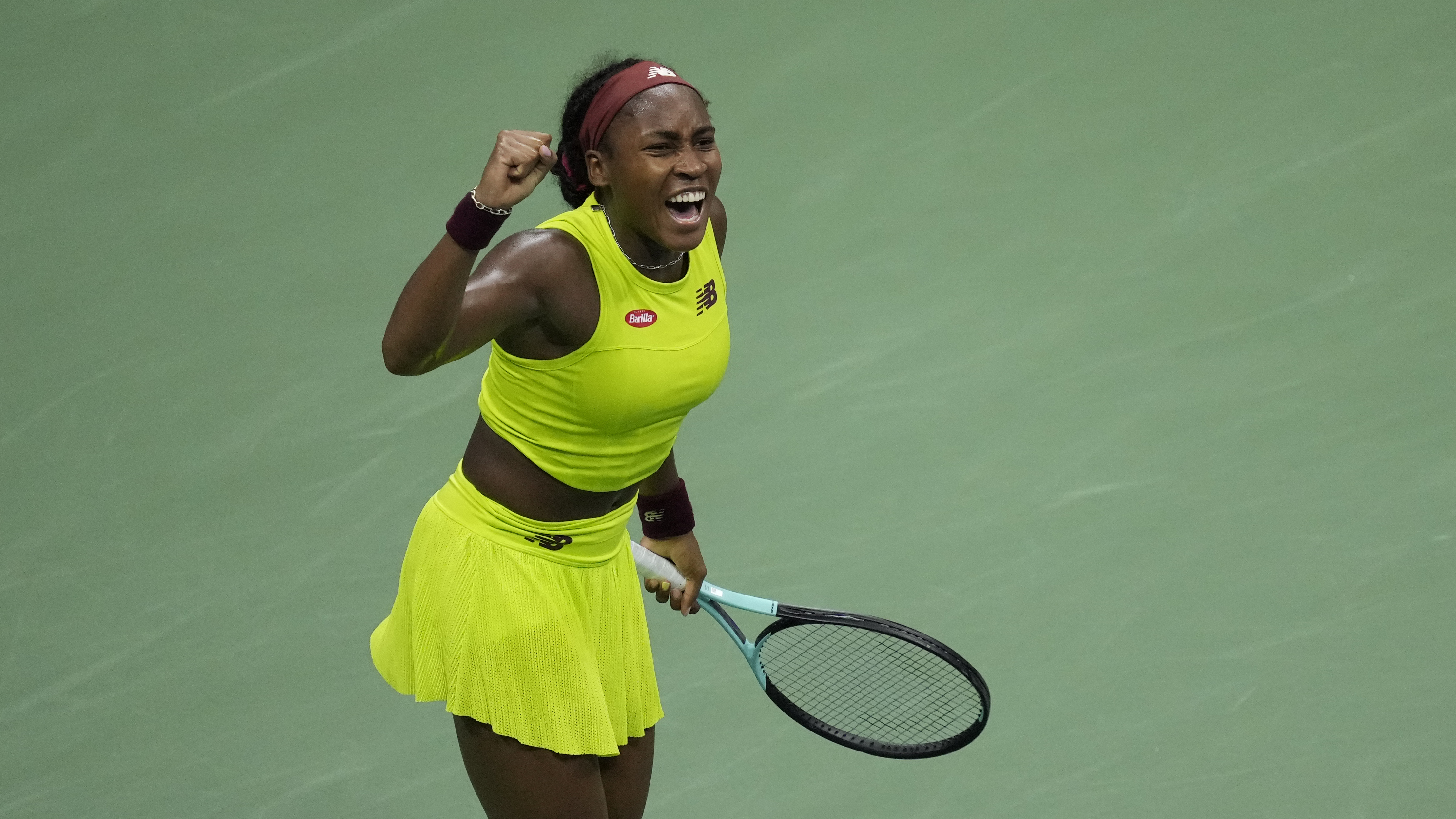 Coco Gauff, of the United States, reacts after winning a match ago Karolina Muchova, of the Czech Republic, during the women's singles semifinals of the U.S. Open tennis championships, Thursday, Sept. 7, 2023, in New York. (AP Photo/John Minchillo)