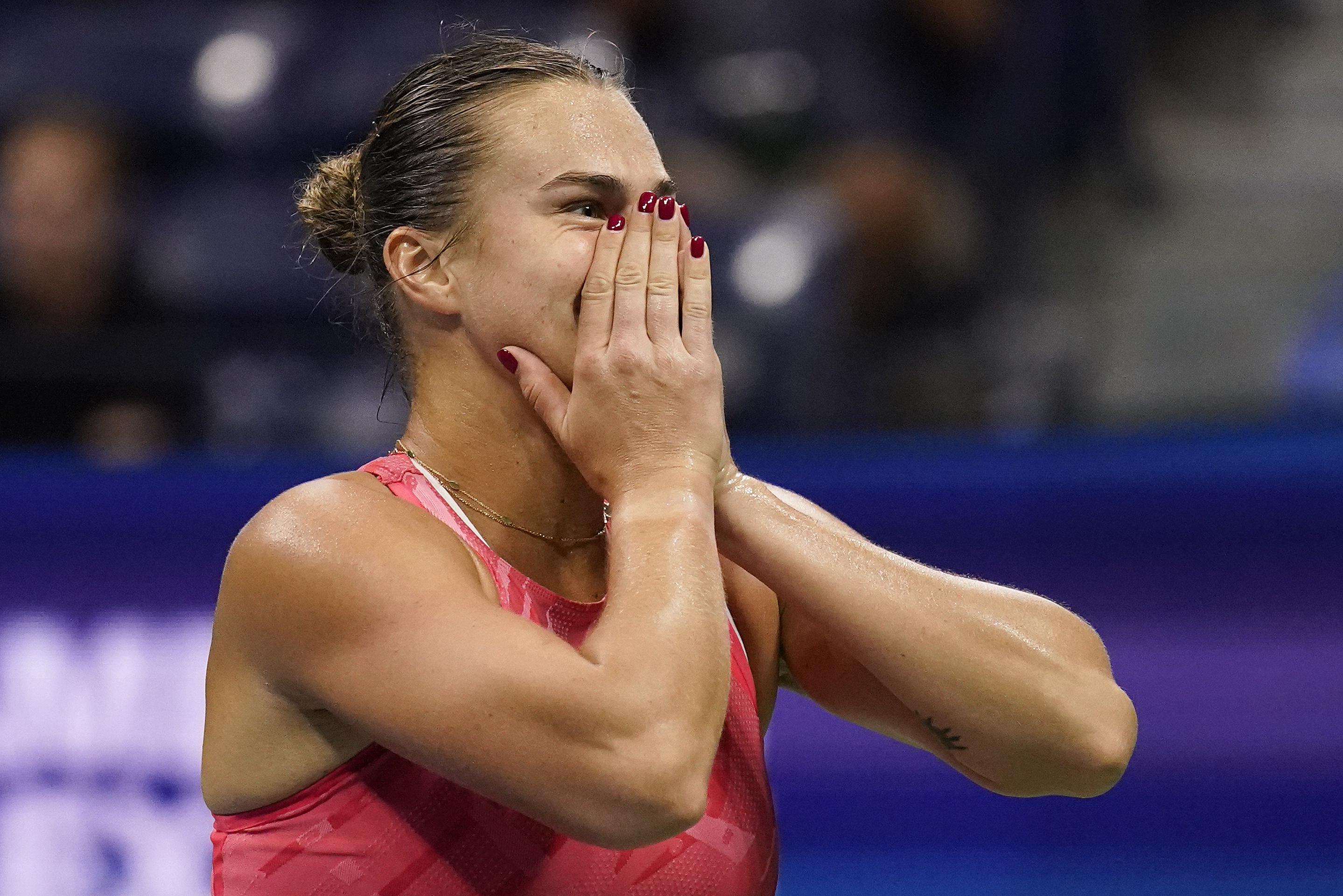 Aryna Sabalenka, of Belarus, reacts during a tiebreaker against Madison Keys, of the United States, during the women's singles semifinals of the U.S. Open tennis championships, Friday, Sept. 8, 2023, in New York. (AP Photo/Charles Krupa)