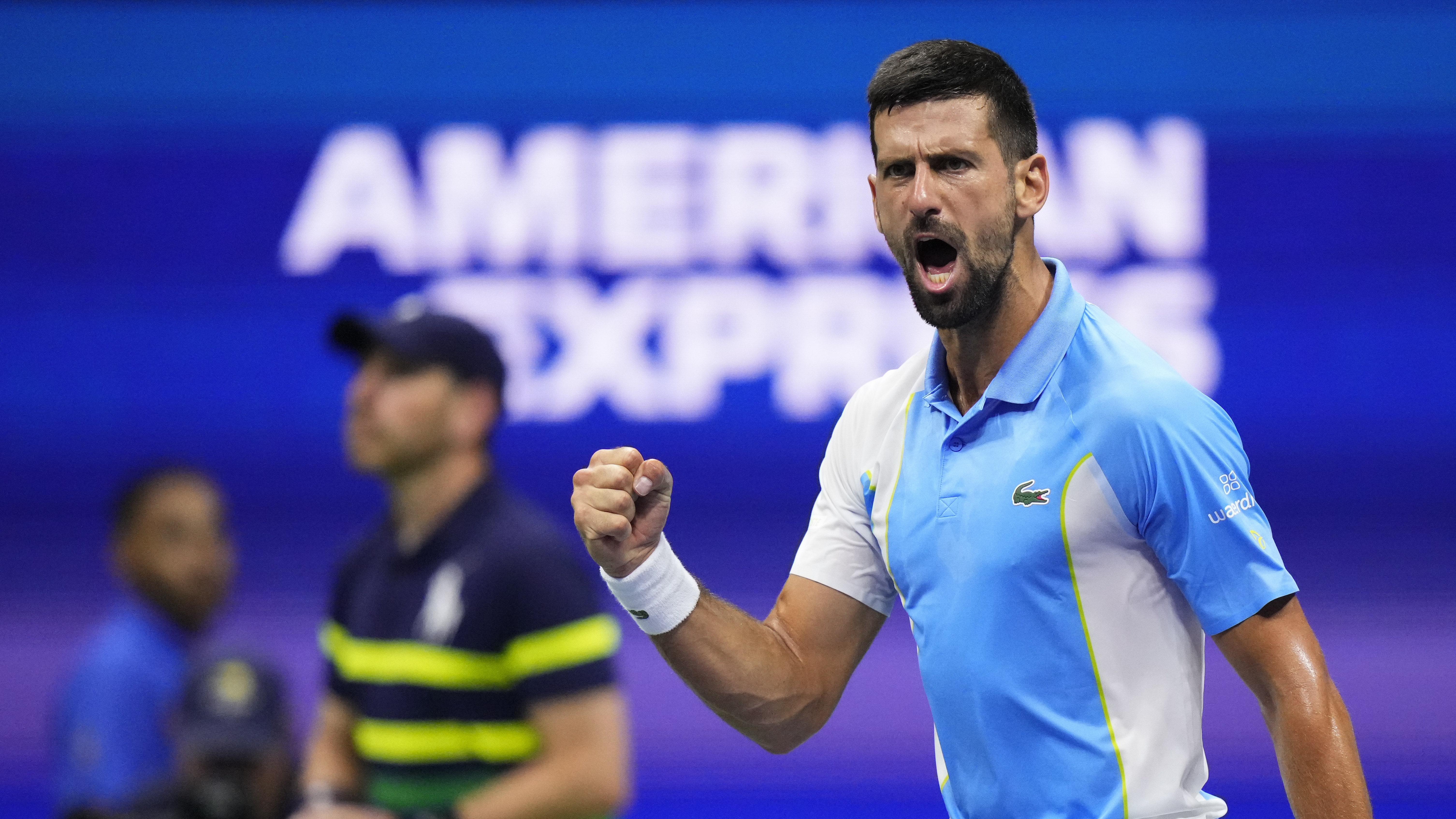 Novak Djokovic, of Serbia, reacts during a match against Ben Shelton, of the United States, during the men's singles semifinals of the U.S. Open tennis championships, Friday, Sept. 8, 2023, in New York. (AP Photo/Frank Franklin II)