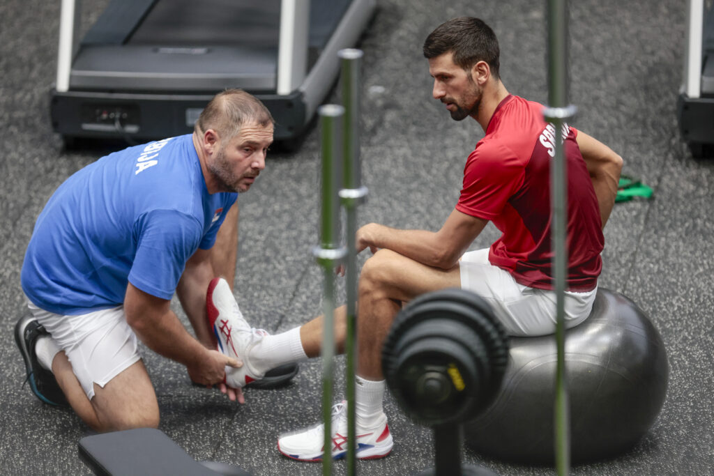 epa10858885 Serbian tennis player and current number one of the ATP Novak Djokovic takes part in a training session in Valencia, eastern Spain, 13 September 2023, where he is to take part in the Davis Cup 2023 finals tournament.  EPA-EFE/Ana Escobar