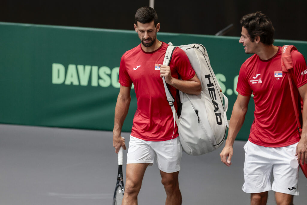 epa10858883 Serbian tennis player and current number one of the ATP Novak Djokovic takes part in a training session in Valencia, eastern Spain, 13 September 2023, where he is to take part in the Davis Cup 2023 finals tournament.  EPA-EFE/Ana Escobar