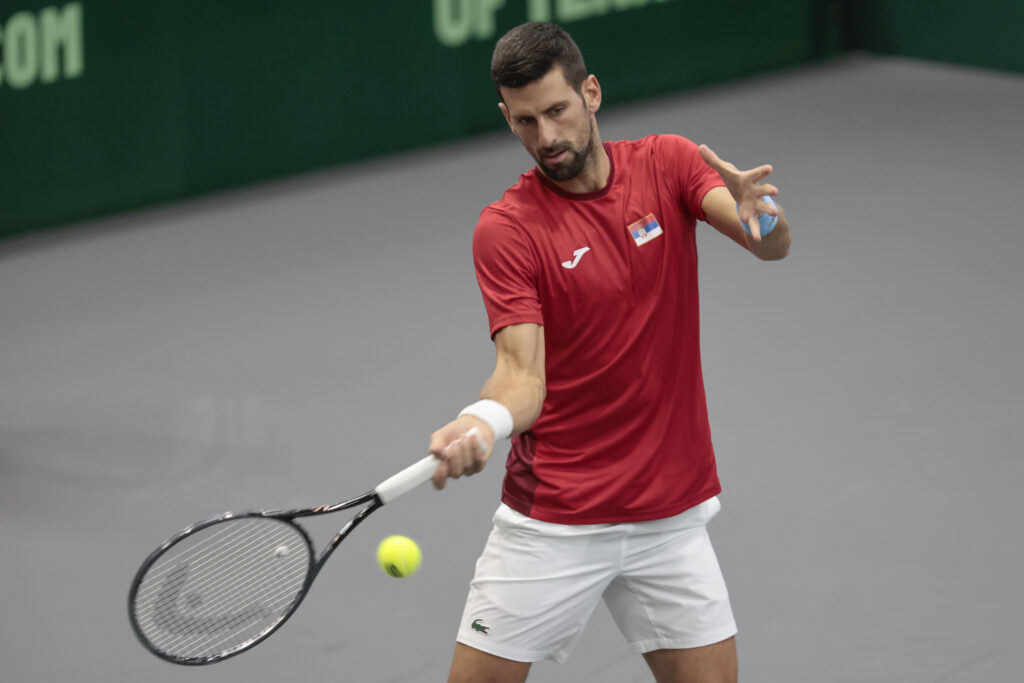 epa10858881 Serbian tennis player and current number one of the ATP Novak Djokovic takes part in a training session in Valencia, eastern Spain, 13 September 2023, where he is to take part in the Davis Cup 2023 finals tournament.  EPA-EFE/Ana Escobar