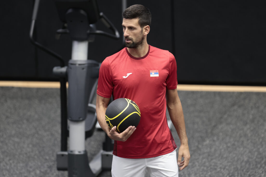 epa10858882 Serbian tennis player and current number one of the ATP Novak Djokovic takes part in a training session in Valencia, eastern Spain, 13 September 2023, where he is to take part in the Davis Cup 2023 finals tournament.  EPA-EFE/Ana Escobar