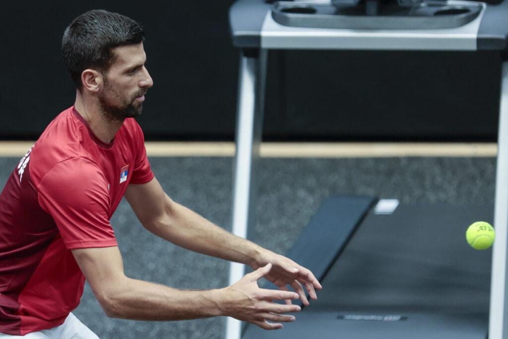 epa10859070 Serbian tennis player and current number one of the ATP Novak Djokovic takes part in a training session in Valencia, eastern Spain, 13 September 2023, where he is to take part in the Davis Cup 2023 finals tournament.  EPA-EFE/Ana Escobar