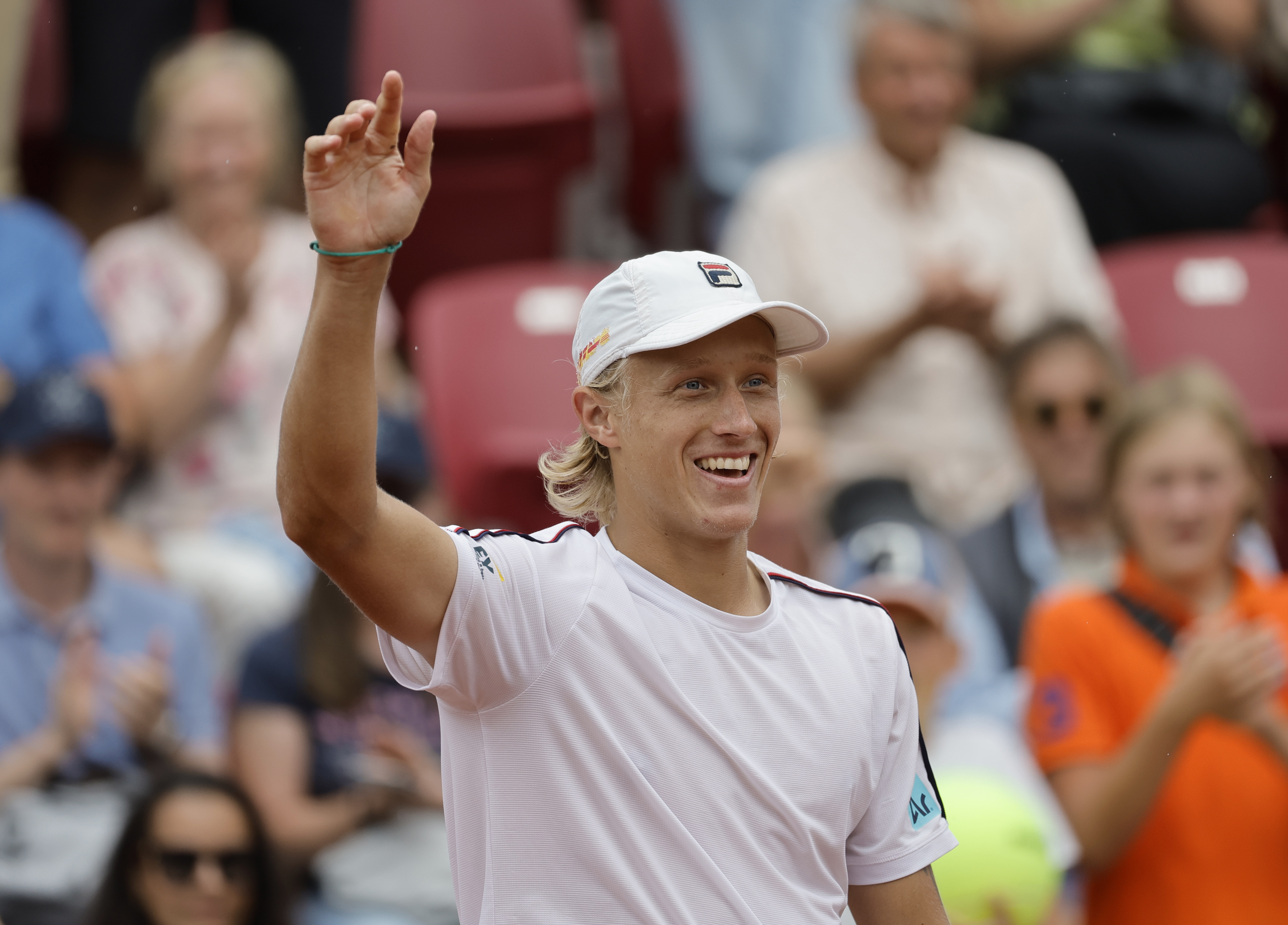 epa10754098 Leo Borg of Sweden celebrates after winning against Elias Ymer of Sweden during the Swedish Open ATP tennis tournament in Bastad, Sweden, 18 July 2023.  EPA-EFE/Adam Ihse SWEDEN OUT