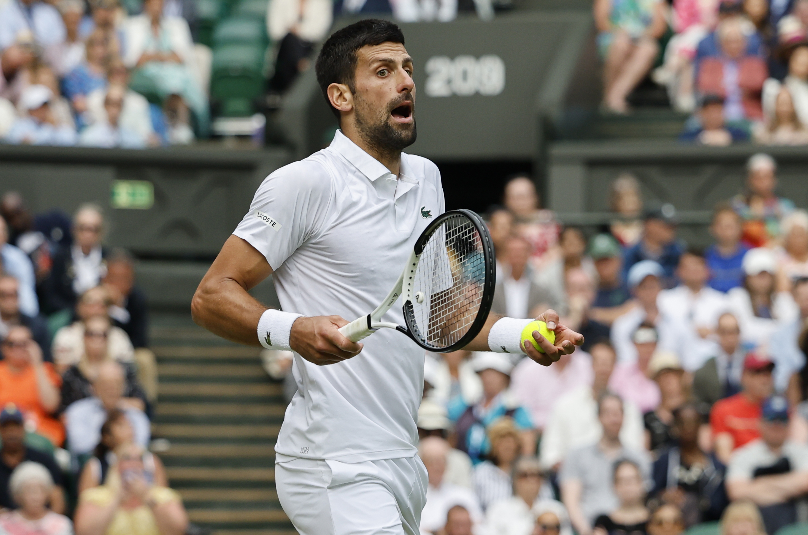 epa10749932 Novak Djokovic of Serbia argues during the Men's Singles final match against Carlos Alcaraz of Spain at the Wimbledon Championships, Wimbledon, Britain, 16 July 2023.  EPA-EFE/TOLGA AKMEN   EDITORIAL USE ONLY