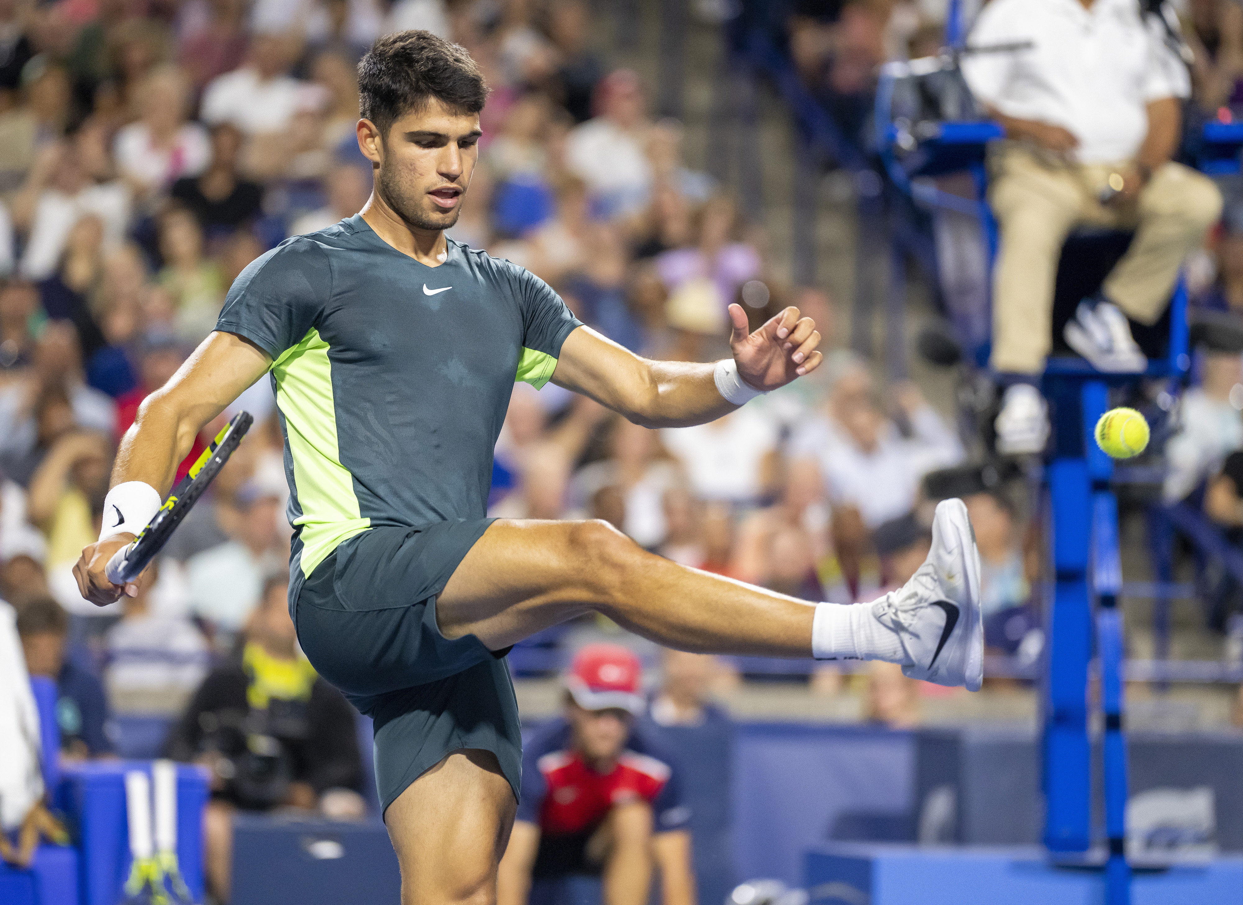 Carlos Alcaraz, of Spain, kicks the ball after hitting a volley into the net during his loss to Tommy Paul, of the United States, at the National Bank Open men’s tennis tournament Friday, Aug. 11, 2023, in Toronto. (Frank Gunn/The Canadian Press via AP)