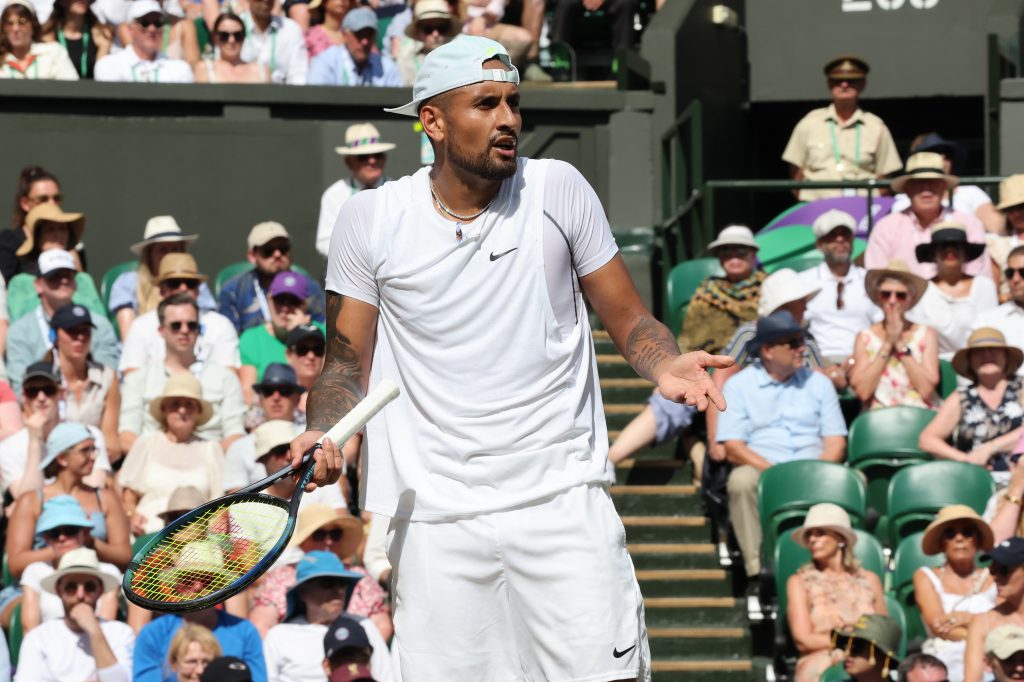 epa10063892 Nick Kyrgios of Australia gestures in the men's final match against Novak Djokovic of Serbia at the Wimbledon Championships, in Wimbledon, Britain, 10 July 2022.  EPA-EFE/KIERAN GALVIN   EDITORIAL USE ONLY