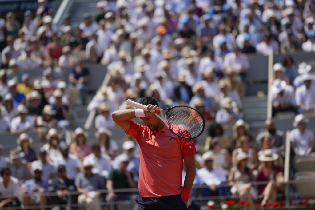 Serbia's Novak Djokovic reacts during his quarter final match of the French Open tennis tournament against Russia's Karen Khachanov at the Roland Garros stadium in Paris, Tuesday, June 6, 2023. (AP Photo/Thibault Camus)