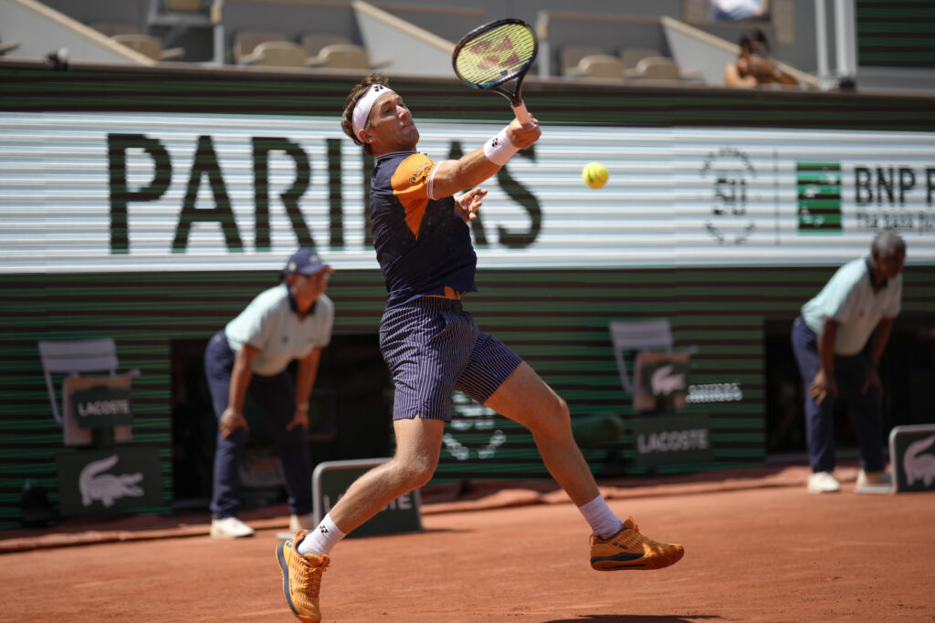 Norway's Casper Ruud plays a shot against Chile's Nicolas Jarry during their fourth round match of the French Open tennis tournament at the Roland Garros stadium in Paris, Monday, June 5, 2023. (AP Photo/Christophe Ena)