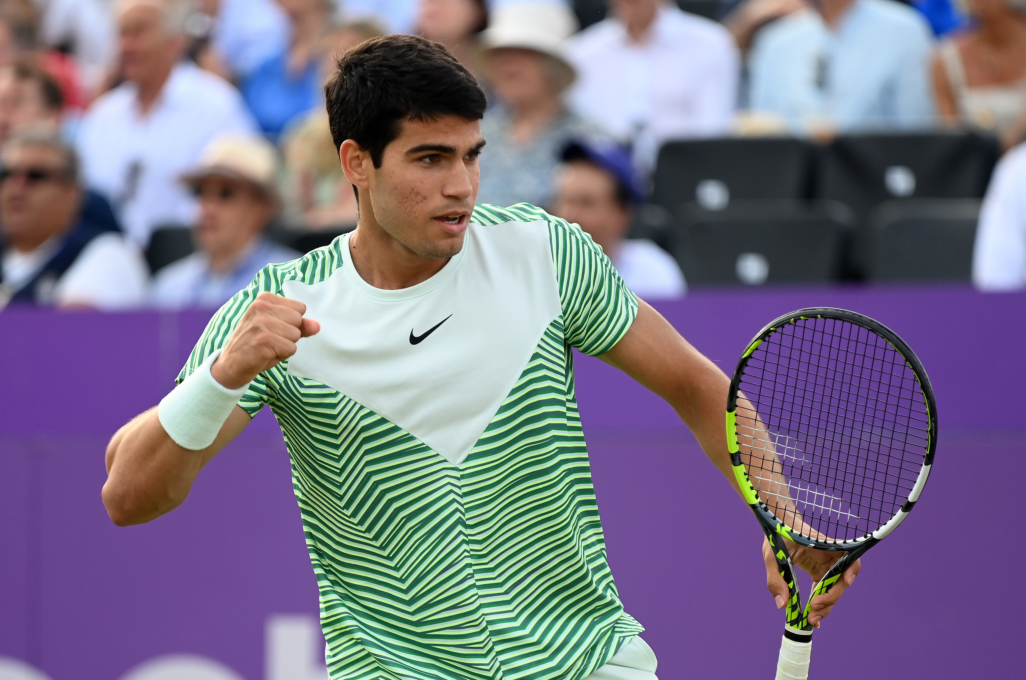 epa10708491 Carlos Alcaraz of Spain in action against Grigor Dimitrov of Bulgaria  during their quarter final tennis match at the Cinch ATP Tour Championships in London, Britain, 23 June 2023.  EPA-EFE/ANDY RAIN