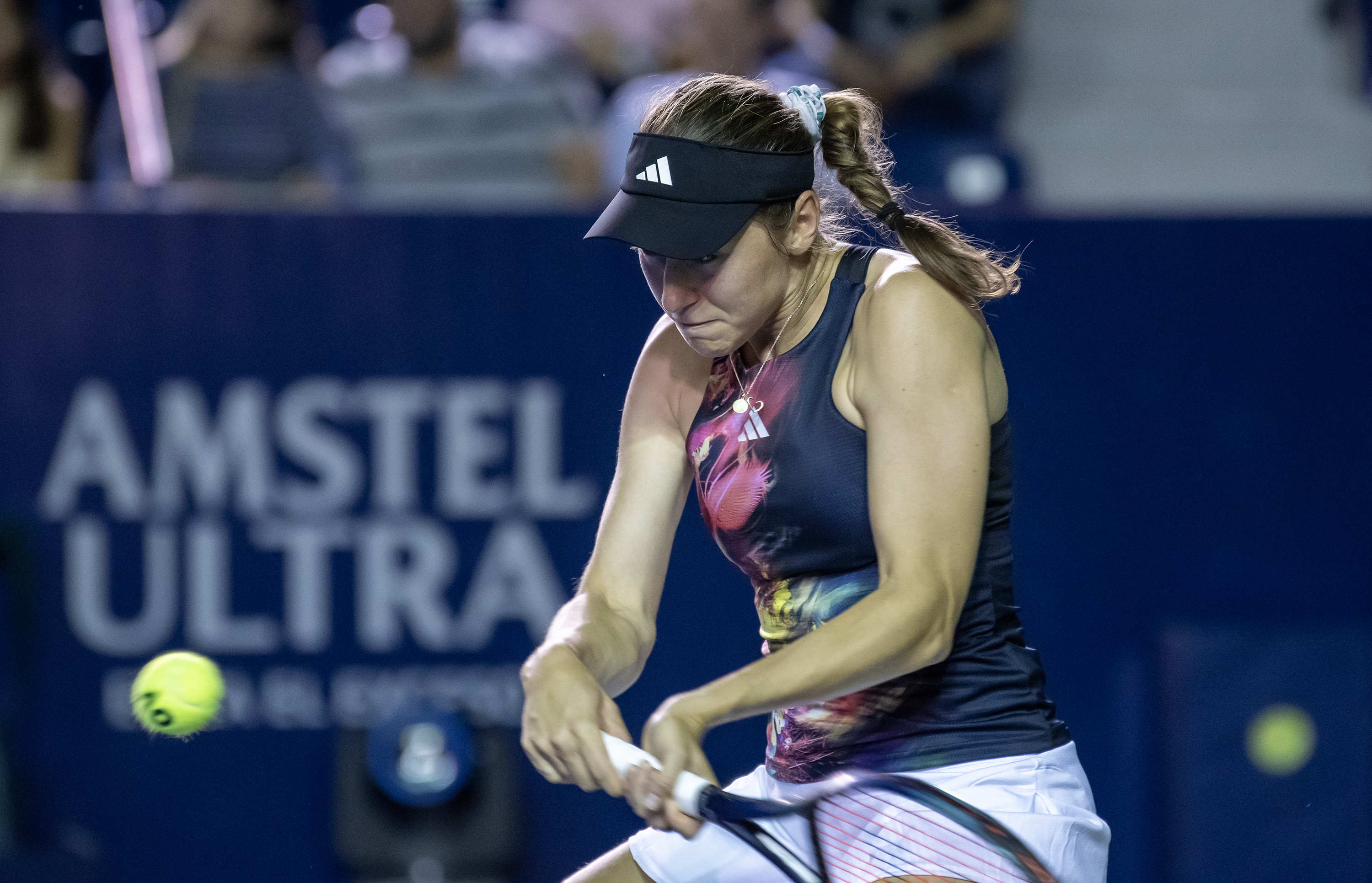 epa10496293 Kaja Juvan of Slovenia in action against Caroline Garcia of France during a match on day 2 of the Monterrey Tennis Open in Monterrey, Mexico, 28 February 2023.  EPA-EFE/Miguel Sierra