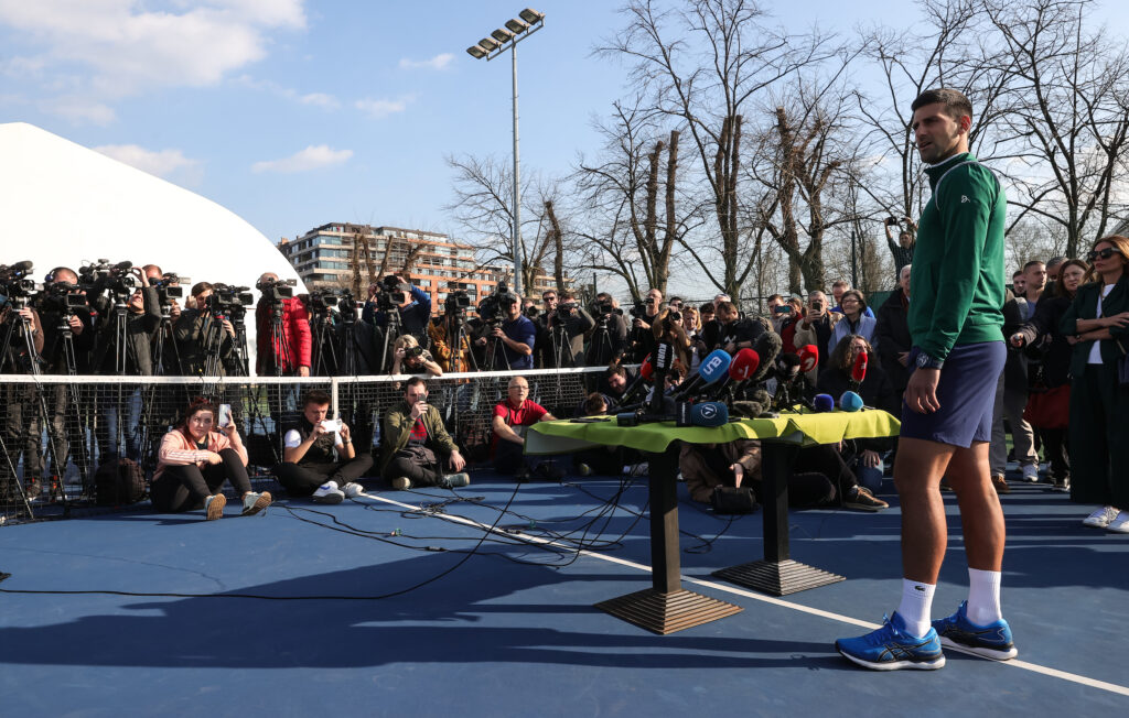 Novak Djokovic attends a press conference at Novak Tennis Centre on February 22, 2023 in Belgrade, Serbia. (Photo by Srdjan Stevanovic/Starsport.rs)