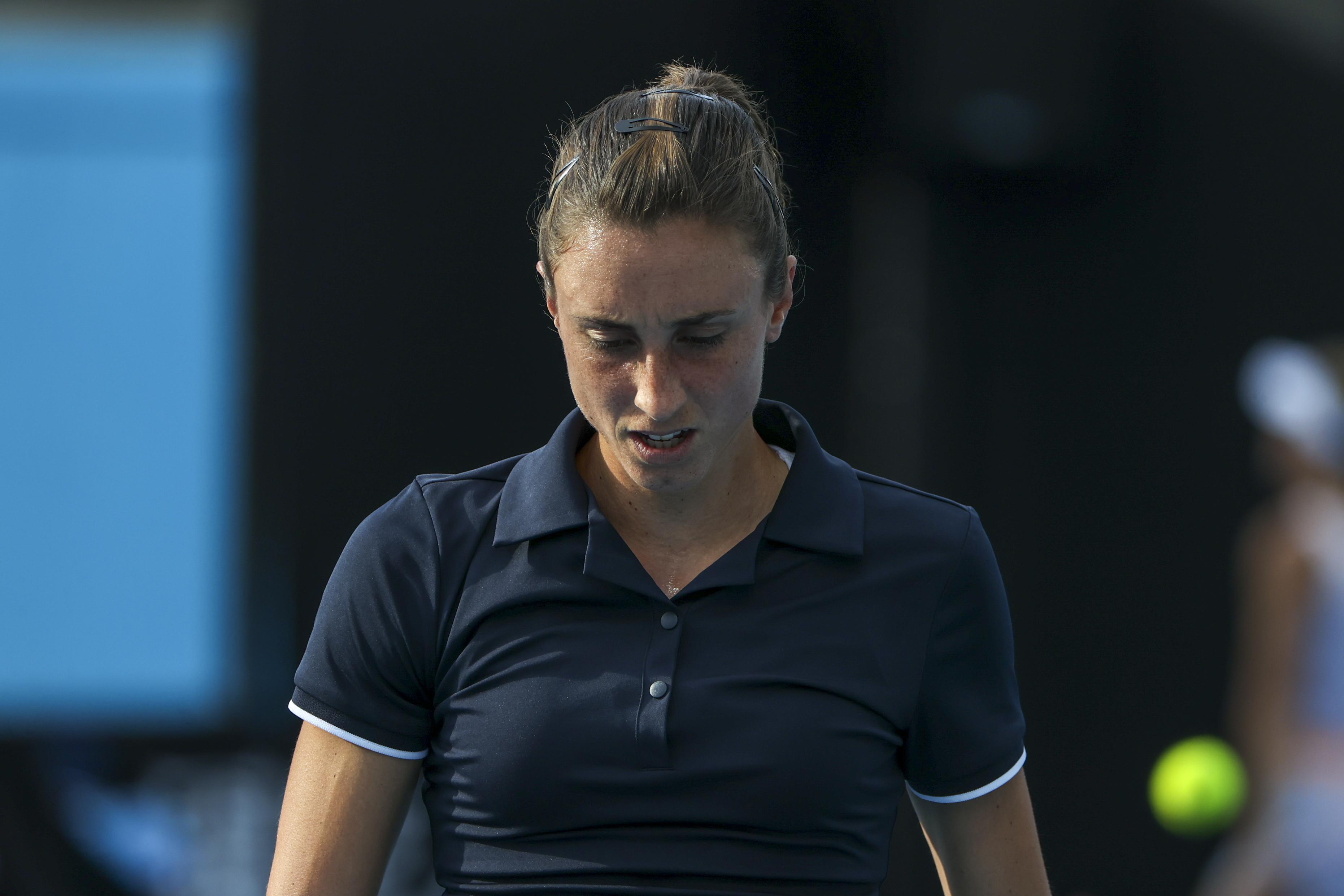 epa10410474 Petra Martic of Croatia reacts during her match against Viktorija Golubic of Switzerland during their first round match at the Australian Open tennis tournament in Melbourne, Australia 17 January 2023.  EPA-EFE/FAZRY ISMAIL