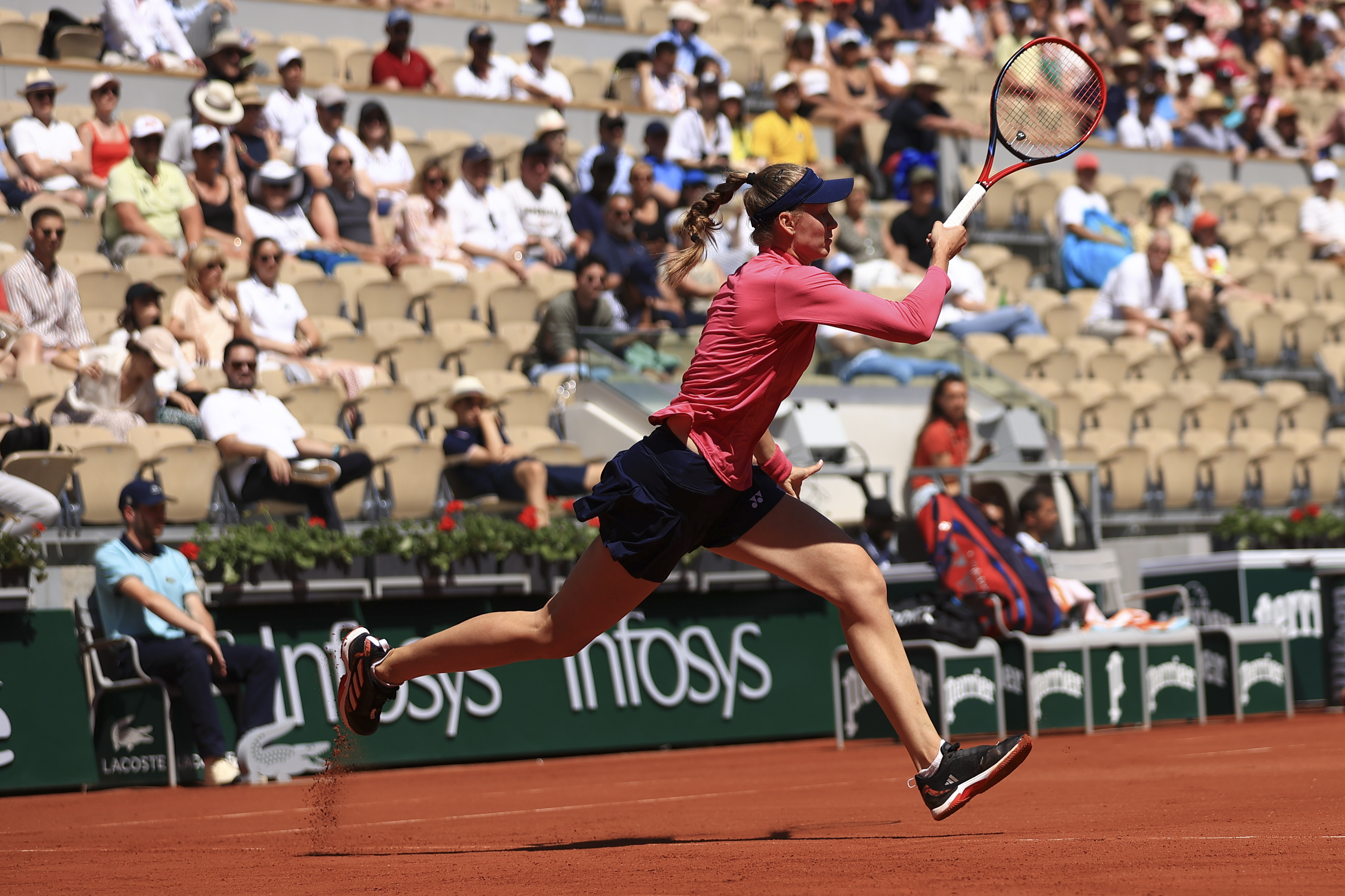 Kazakhstan's Elena Rybakina plays a shot against Linda Noskova of the Czech Republic during their second round match of the French Open tennis tournament at the Roland Garros stadium in Paris, Thursday, June 1, 2023. (AP Photo/Aurelien Morissard)