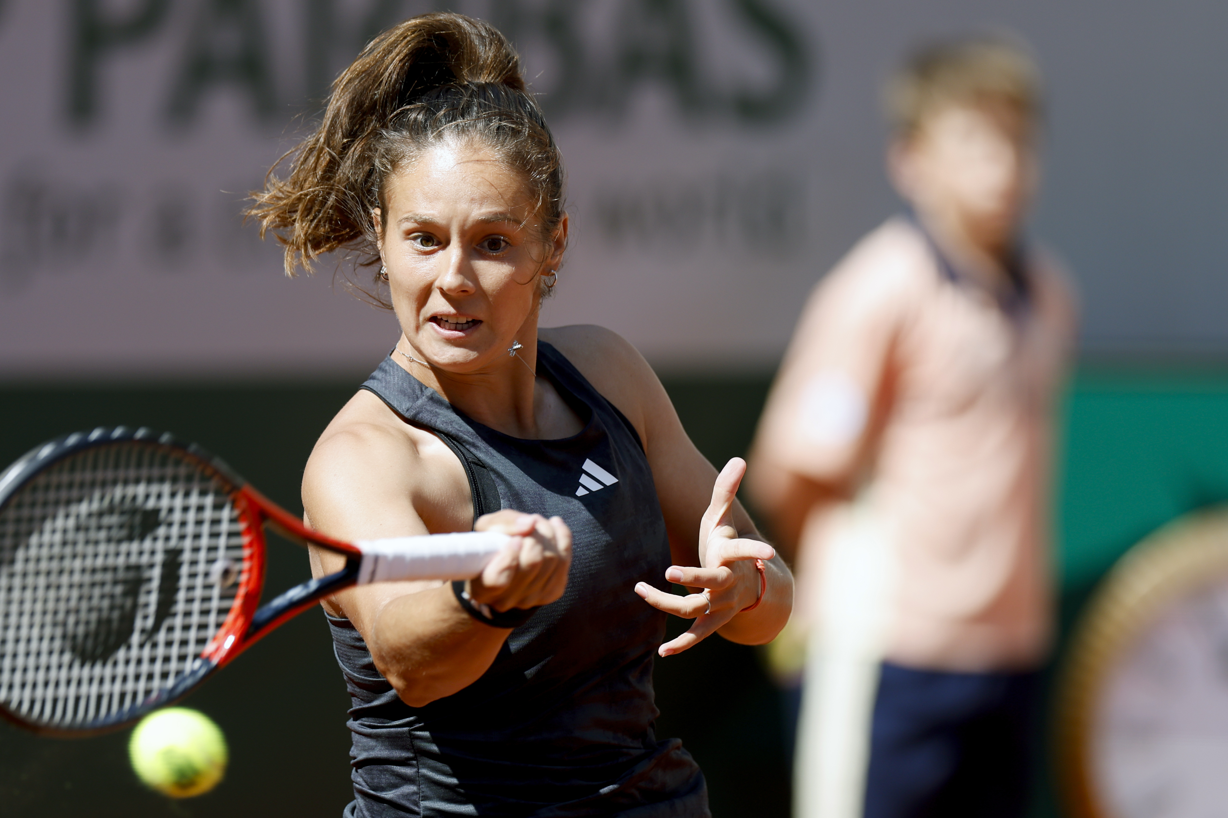 Russia's Daria Kasatkina plays a shot against Peyton Stearns of the U.S. during their third round match of the French Open tennis tournament at the Roland Garros stadium in Paris, Friday, June 2, 2023. (AP Photo/Jean-Francois Badias)